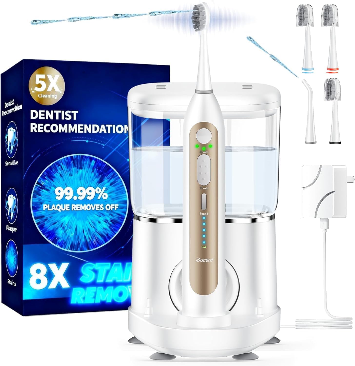 Electric Toothbrush for Adults, Upgraded 2.0 Electric Toothbrush with Water Flosser Combo, 5 Floss Speeds & 3 Modes with 3 Brush + 1 Nozzle, 500ML Tank, IPX7 Waterproof for Braces & Gum Care-White
