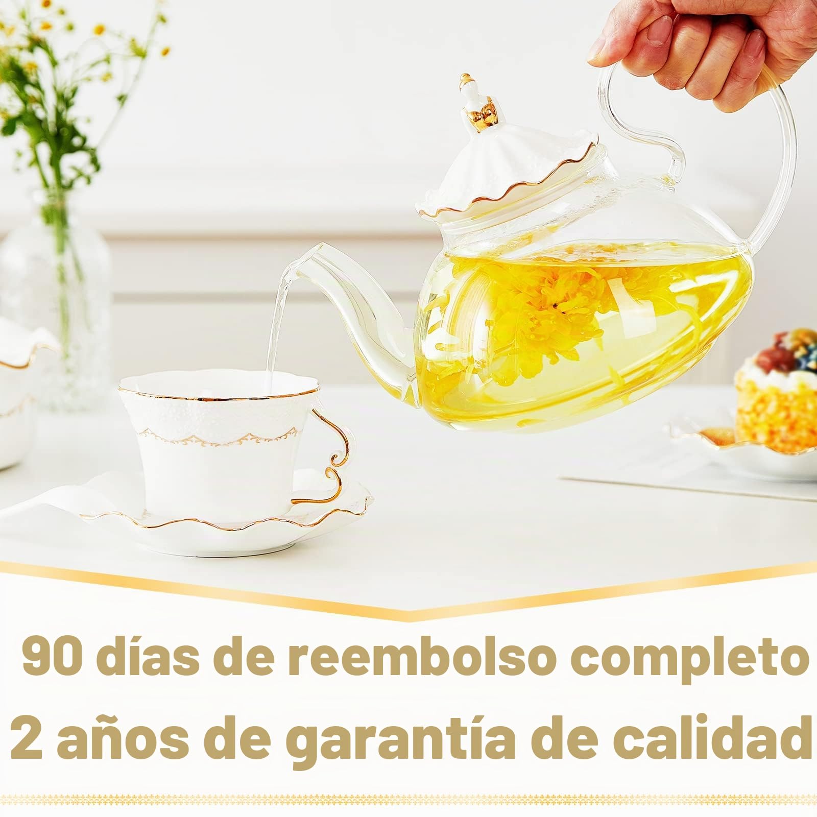 DUJUST Tetera Cristal de 1200ml con Calentador, Diseño de Lujo con Decoración en Relieve y Adornos Dorados, Tetera Transparente Artesanal con Infusor, Regalo y Decoración Seguro para la Estufa