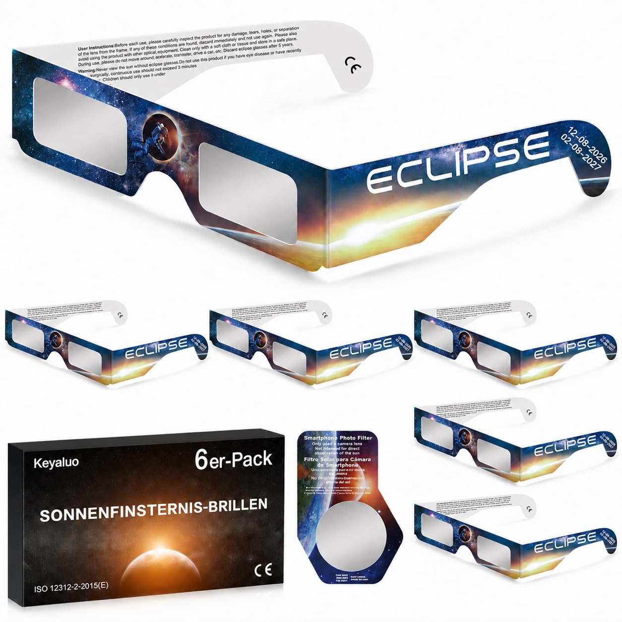 Sonnenfinsternis Brille CE Zertifizierung 2026 6er-Pack Sonnenfinsternis Brillen zur direkten Sonnenbeobachtung – ISO 12312-2:2015(E) & CE-zertifiziert