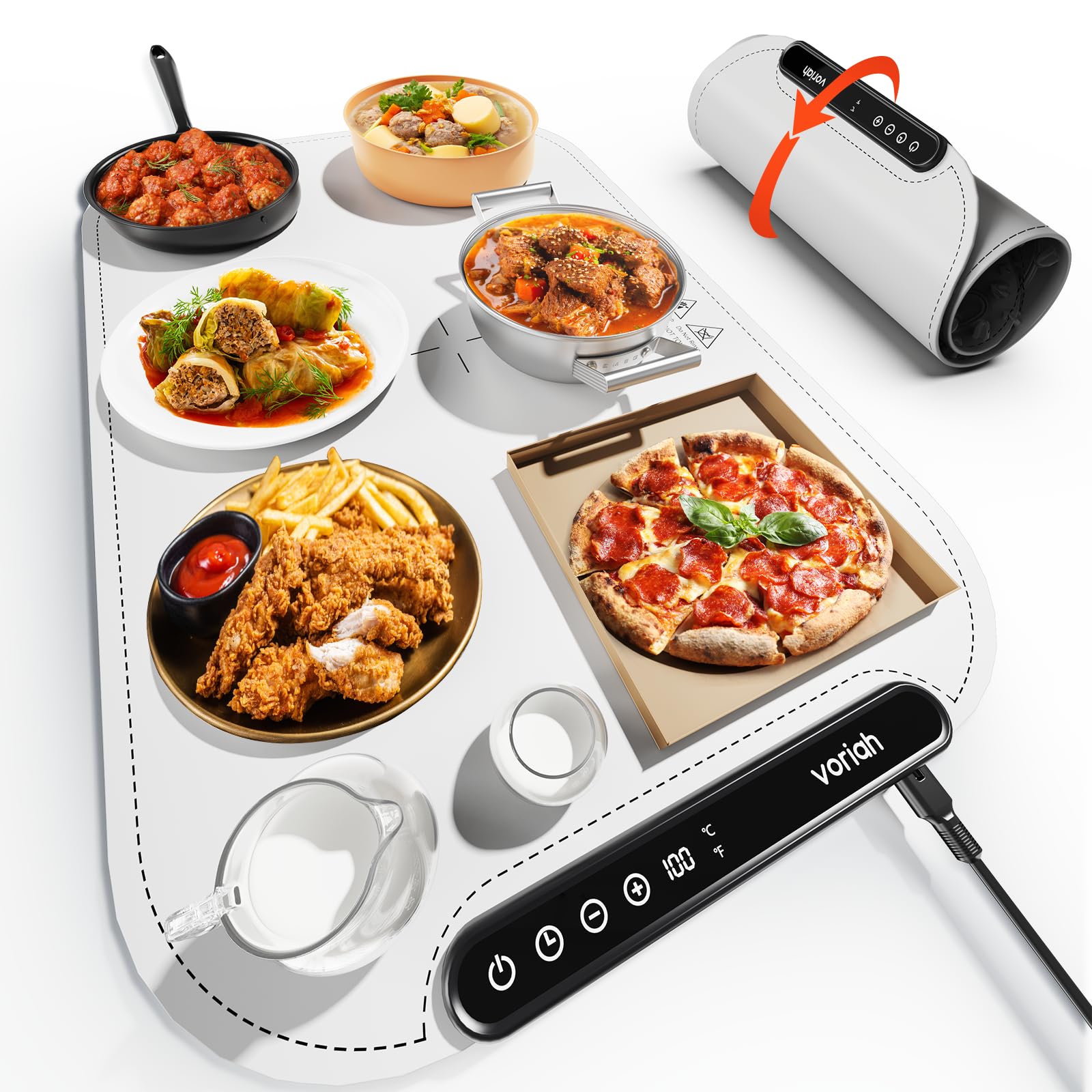 Warming Mat for Food, Voriah Electric Warming Tray with 99H Timer & 8 Temperature Settings, Foldable Food Warmer with °C/°F Switch, Keeps Food Warm at Buffets, Sabbath, Family Gatherings(White)