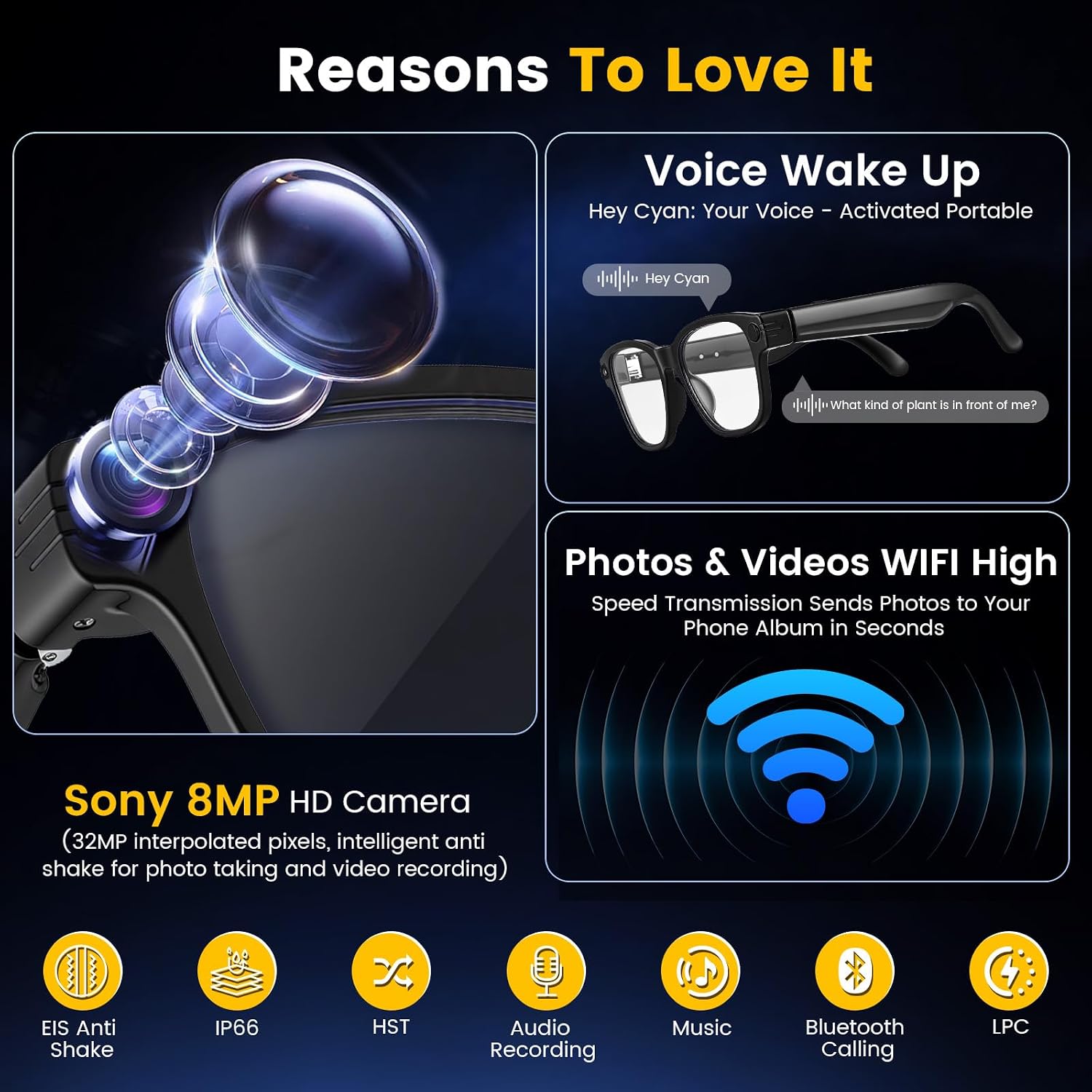 AI Smart Glasses with Camera, 8MP HD Camera Glasses for Men,Women, AI Recording Glasses with Voice Assistant, Stabilization Video Recording Glasse, Real-time Translation, for Vlogging & Photography
