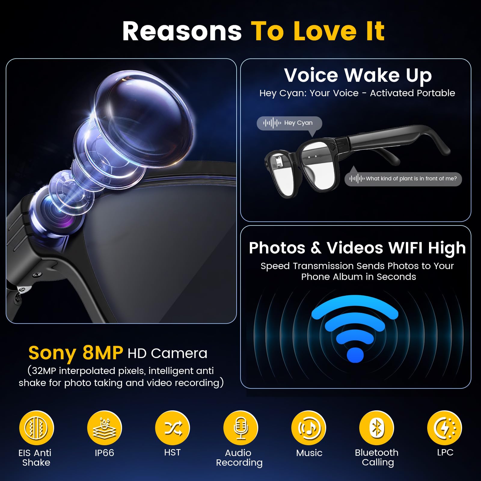 Gafas inteligentes AI con cámara HD de 8MP y video de 1200P – Lentes intercambiables, batería de 270mAh, micrófono dual con reducción de ruido, Bluetooth, WiFi y traducción en vivo – para