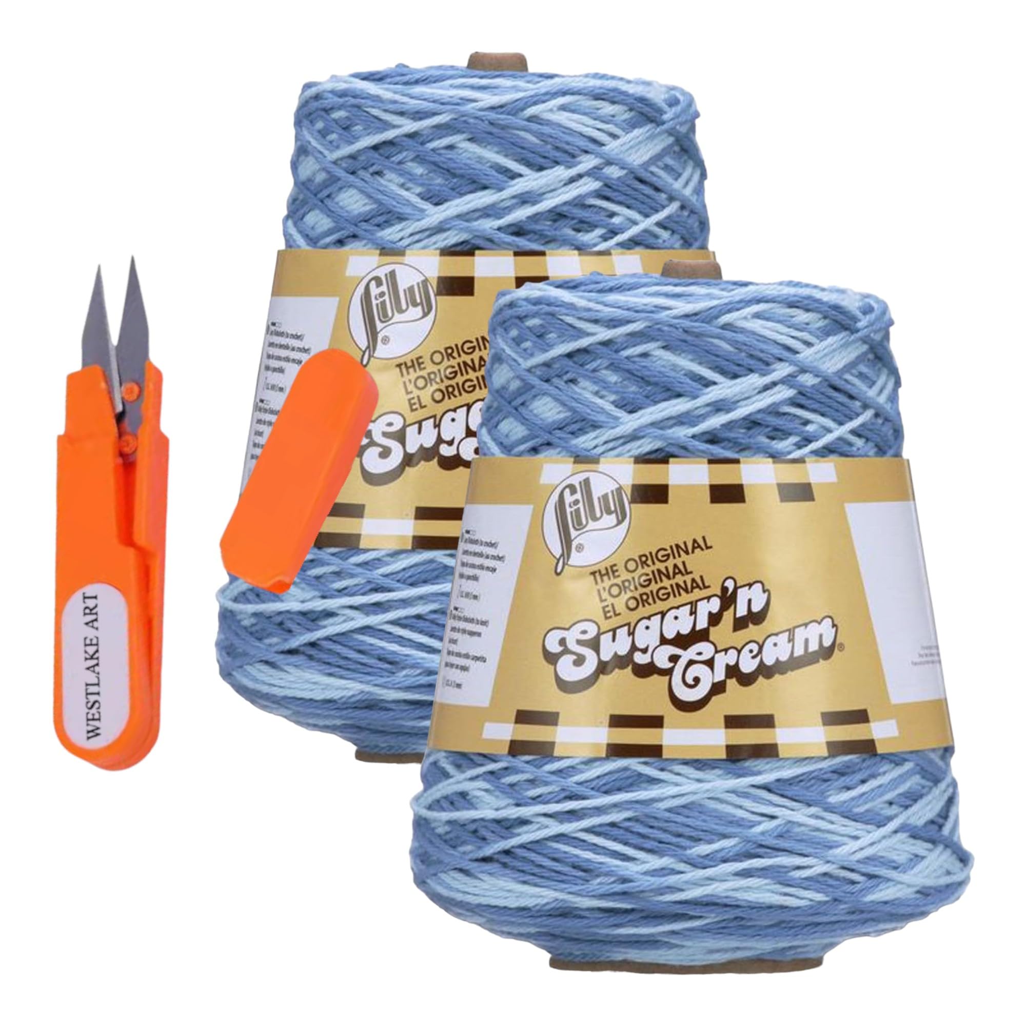 Sugar N Cream Yarn 400 g / 14 Oz, 706 Yards, Gauge: 4 Medium Worsted- Versatile, Machine Washable Knitting & Crocheting Supplies, Bundle with Embroidery Scissors (pack of 2) (Faded Denim)