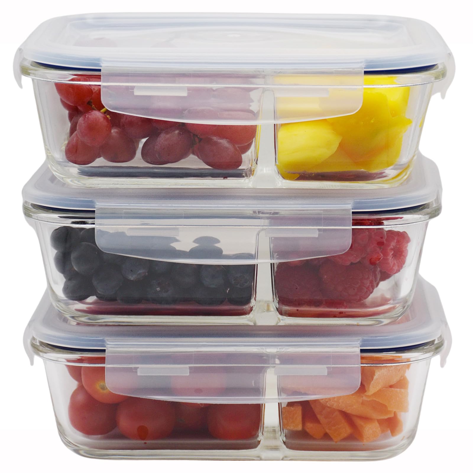 Hochste 3 Pack Blue 2 Compartments - 1050Ml Glass Meal Prep Containers - 2 Compartment Portion Control Lunch Box - Bpa Free Airtight Glass Containers With Lids [3-Pack, 1050Ml]