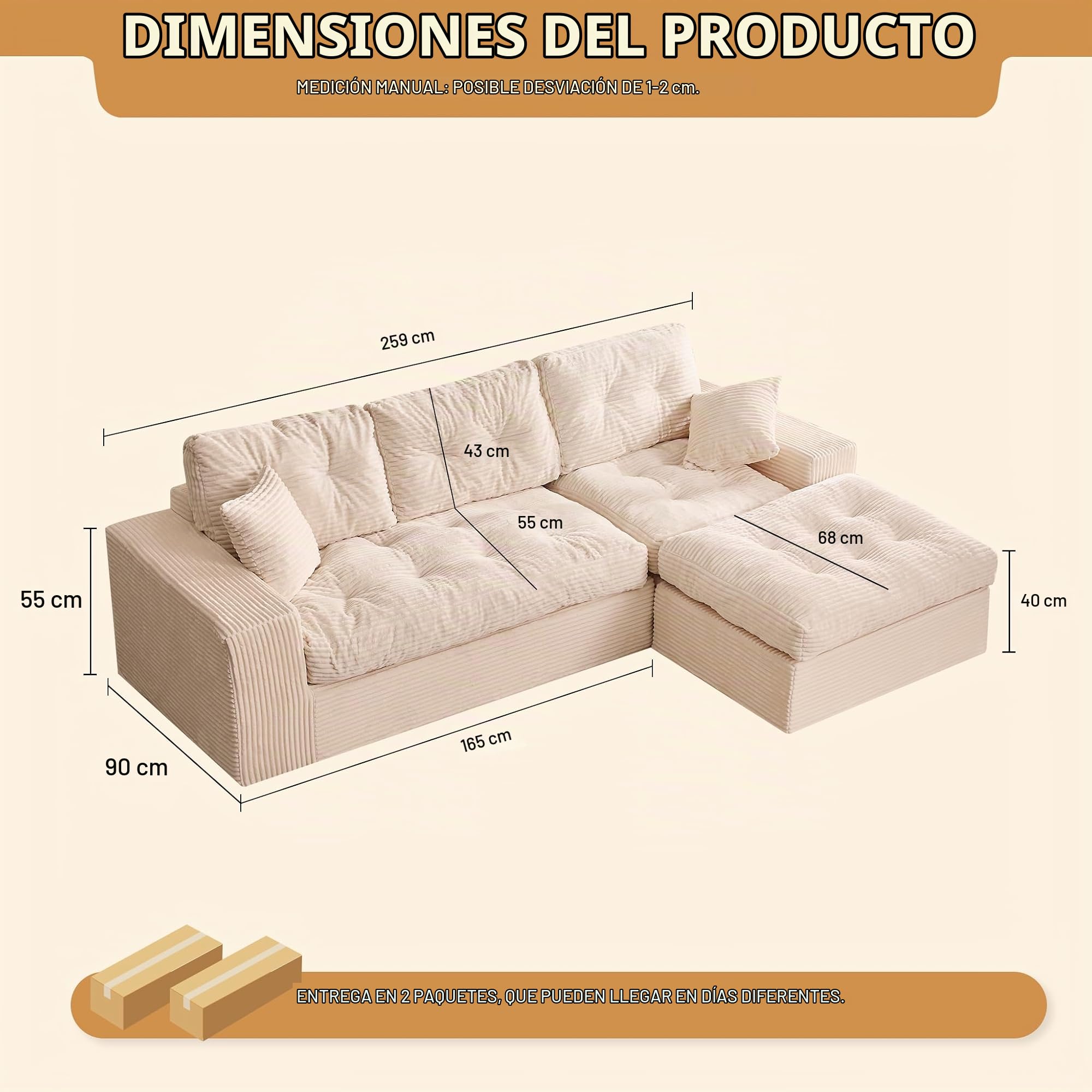 Sofá Chaise Longue 3 Plazas Modular con Puf Móvil, Pana, Beige | Sin Montaje, Asiento Profundo, Espuma de Alta Densidad, Cojines de Respaldo, Salón o Apartamento