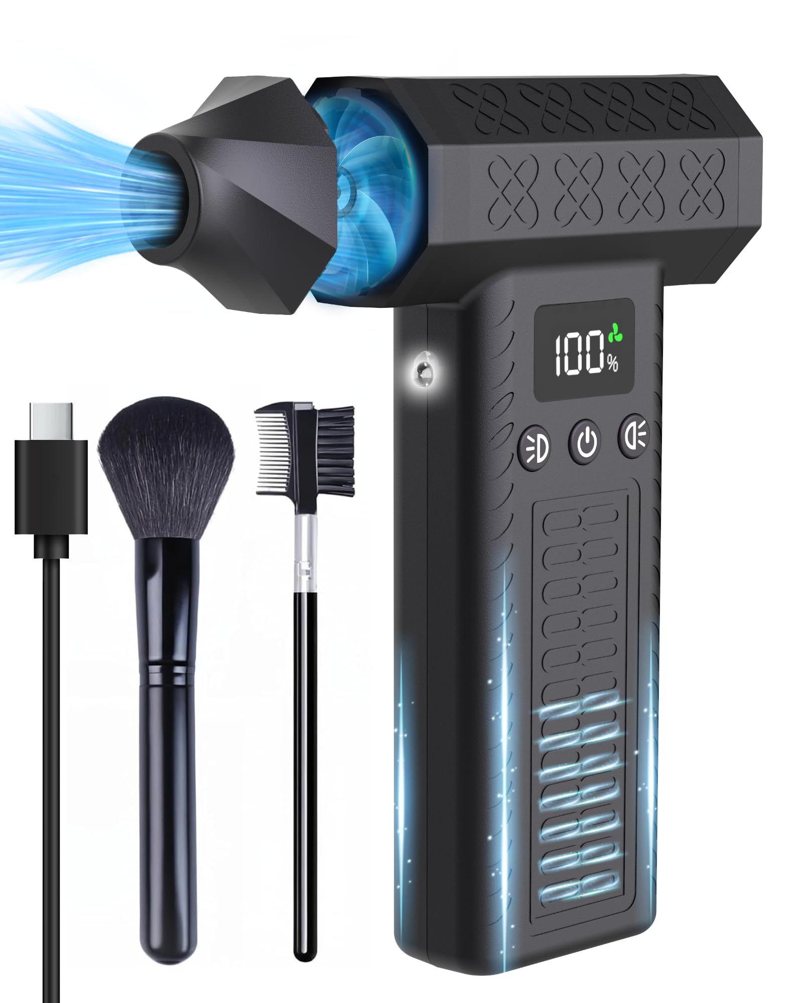 洗車 ブロワー 最強（300000rpm·3段風量調整·最大風速120m/s·8000mAh) 電動エアダスター 小型 ミニ 強力 ブロアー 充電式 ２個LEDライト付き LCD数字ディスプレイ搭載 200分連続作業可 純真鍮ターボブラシレスモーター カメラ/pc/キーボード/パソコン疾風掃除 水滴飛ばし