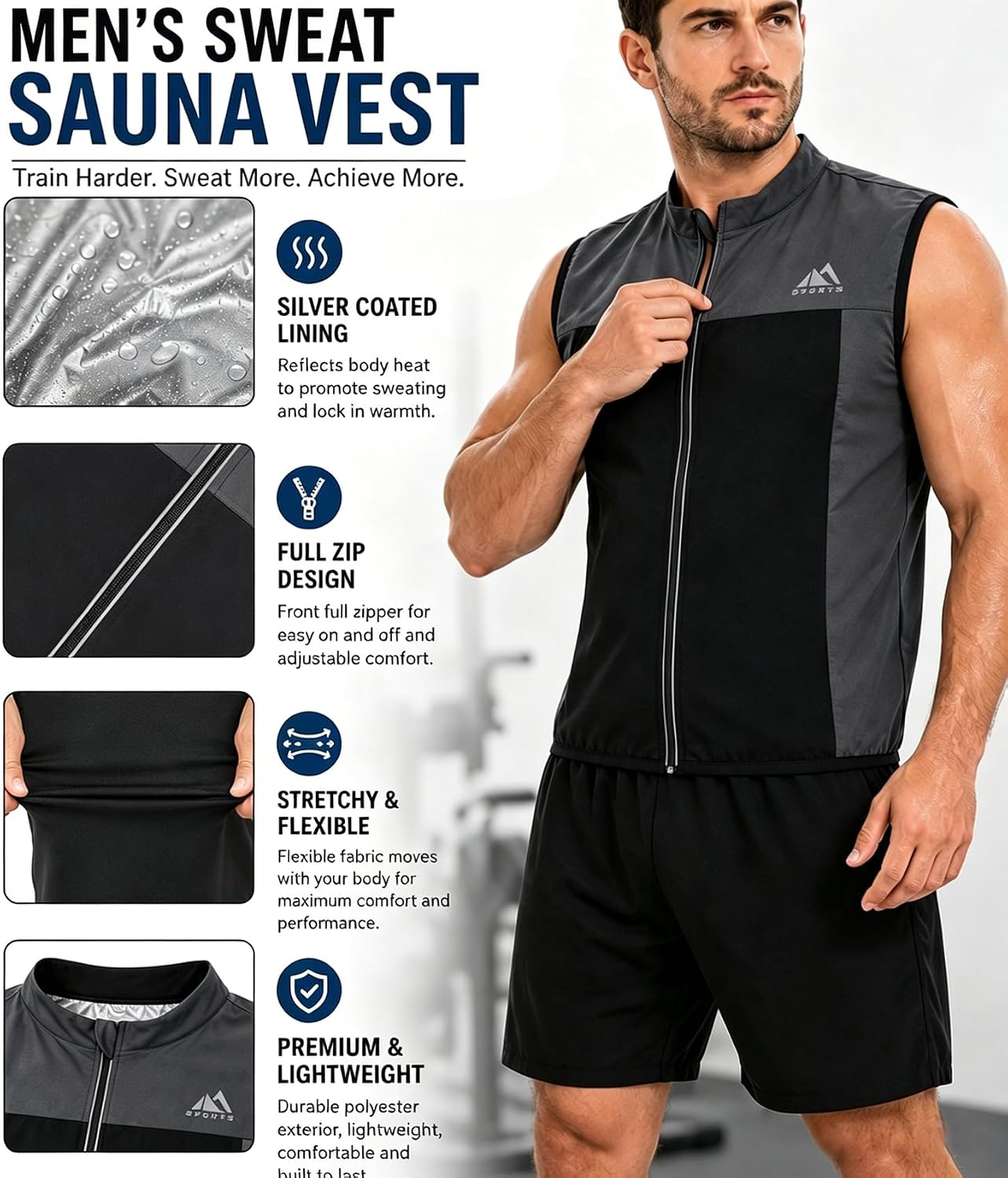 NINGMI Sauna Vest for Men Sweat Suit Sleeveless Zipper Shirt Tank Top Gym Training Workout Exercise Sport