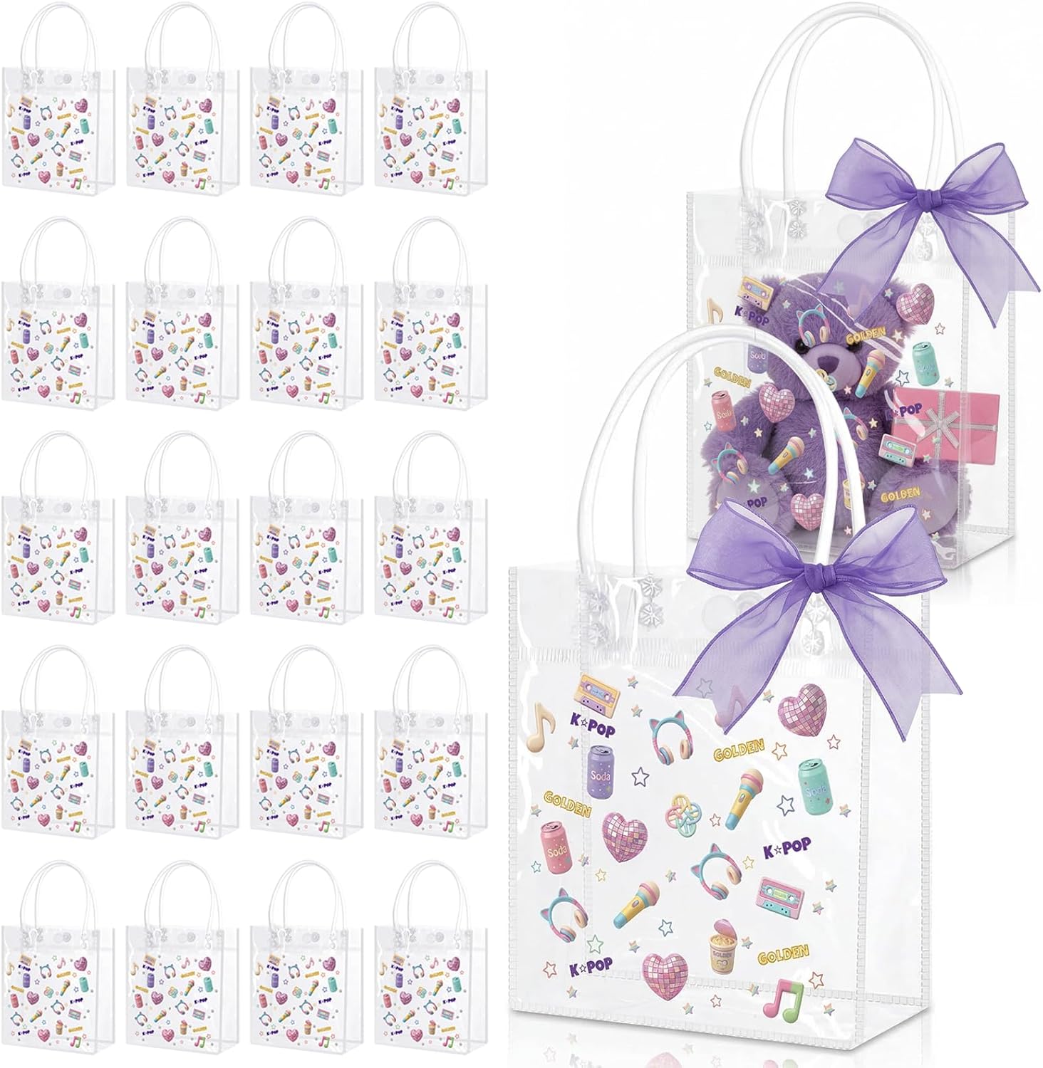 24 Pack Clear PVC Bags, Transparent Plastic Gift Bag, Team Celebrations & Stadium Events, Waterproof Handles
