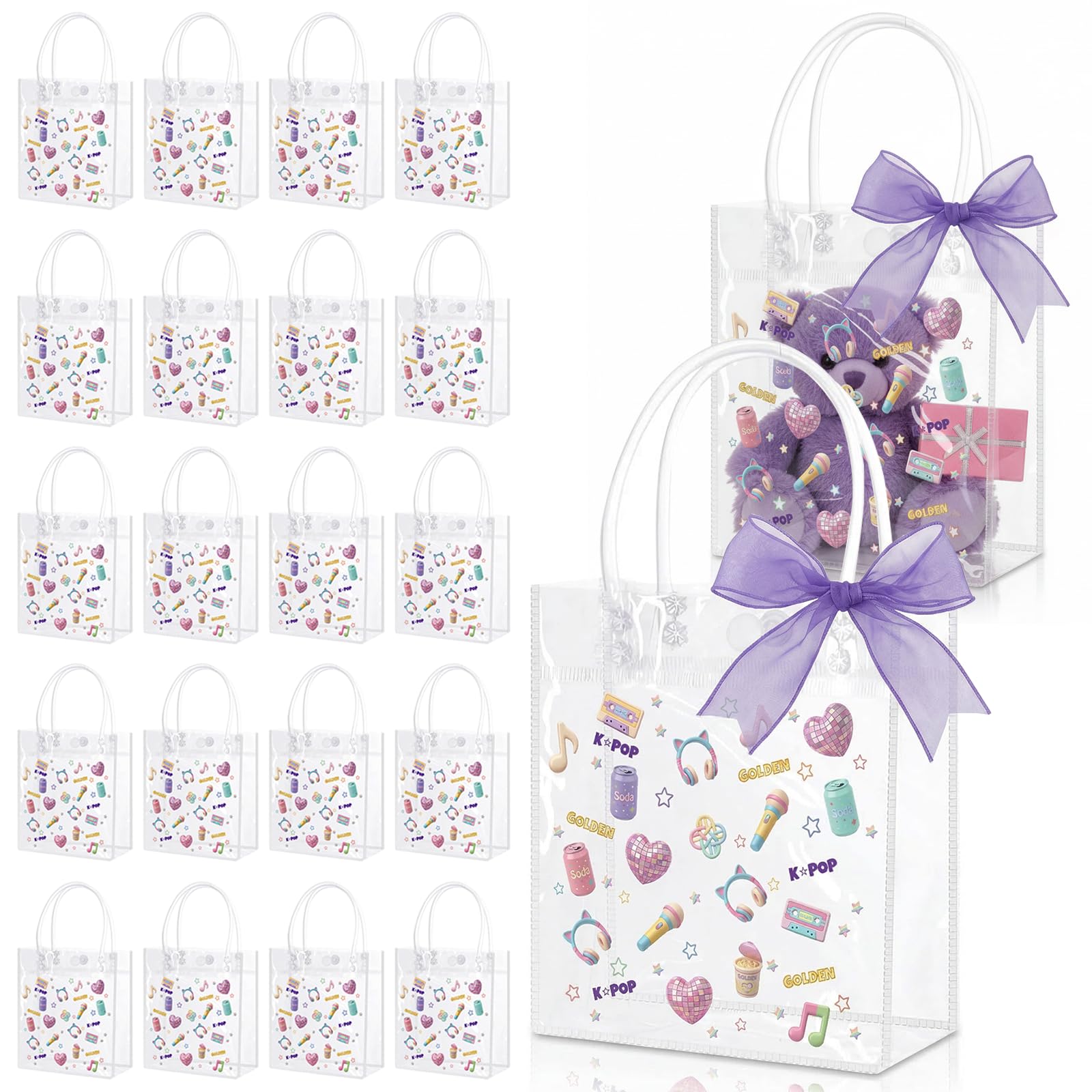 Feofiix 24 Pack Clear PVC Bags, Transparent Plastic Gift Bag, Team Celebrations & Stadium Events, Waterproof Handles