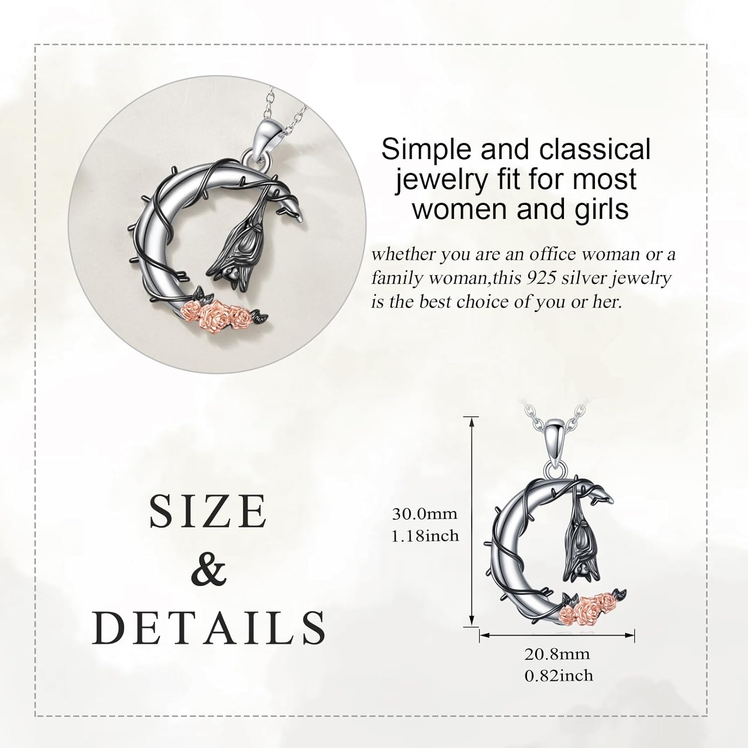 VONALA Moon Necklace 925 Sterling Silver Bat And Rose Pendant Necklace Crescent Moon Vampire Jewelry Gifts For Women Friend