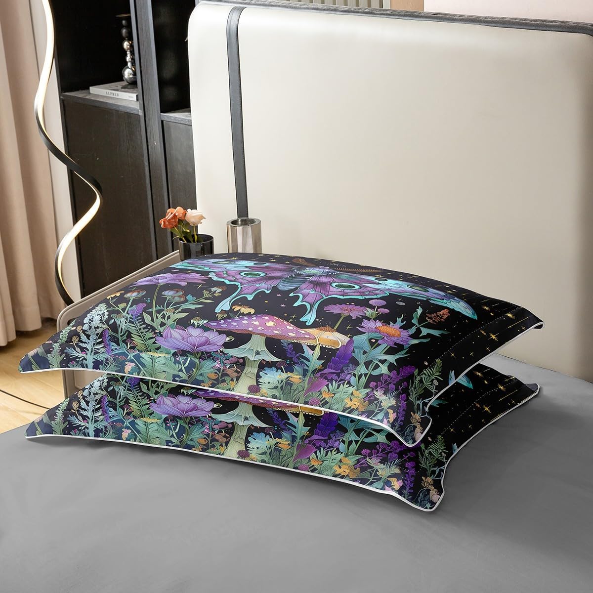 Erosebridal Moth Stars Mushroom 100% Cotton Duvet Cover Queen Size Daisy Lotus Lavender Bedding Set for Kids Boys Girls Mysterious Dreamy Bohemian Comforter Cover Gothic Blue Theme Bedclothes