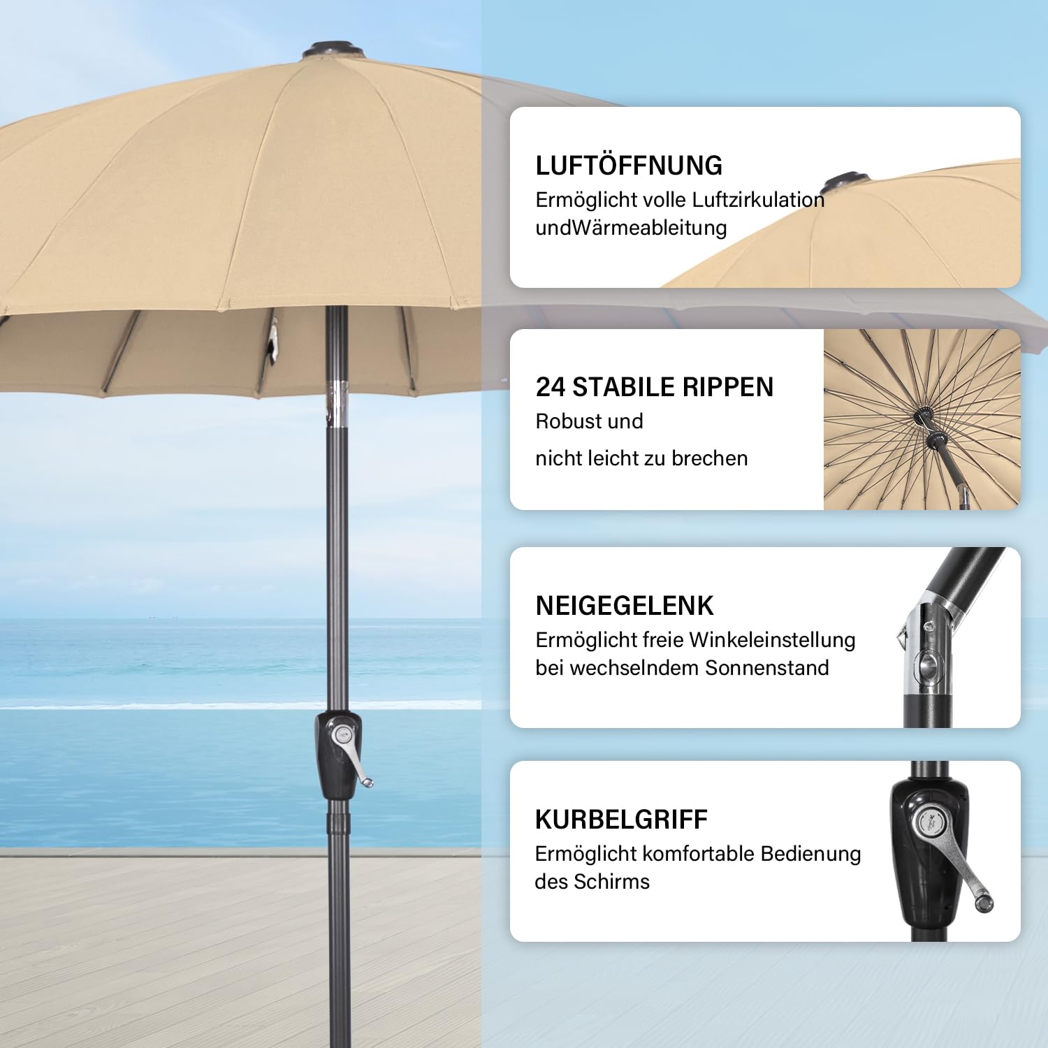 Angel Living 250cm Sonnenschirm Sonnenschutz neigbar Rostfrei aus Stahl und Polyester (Beige)