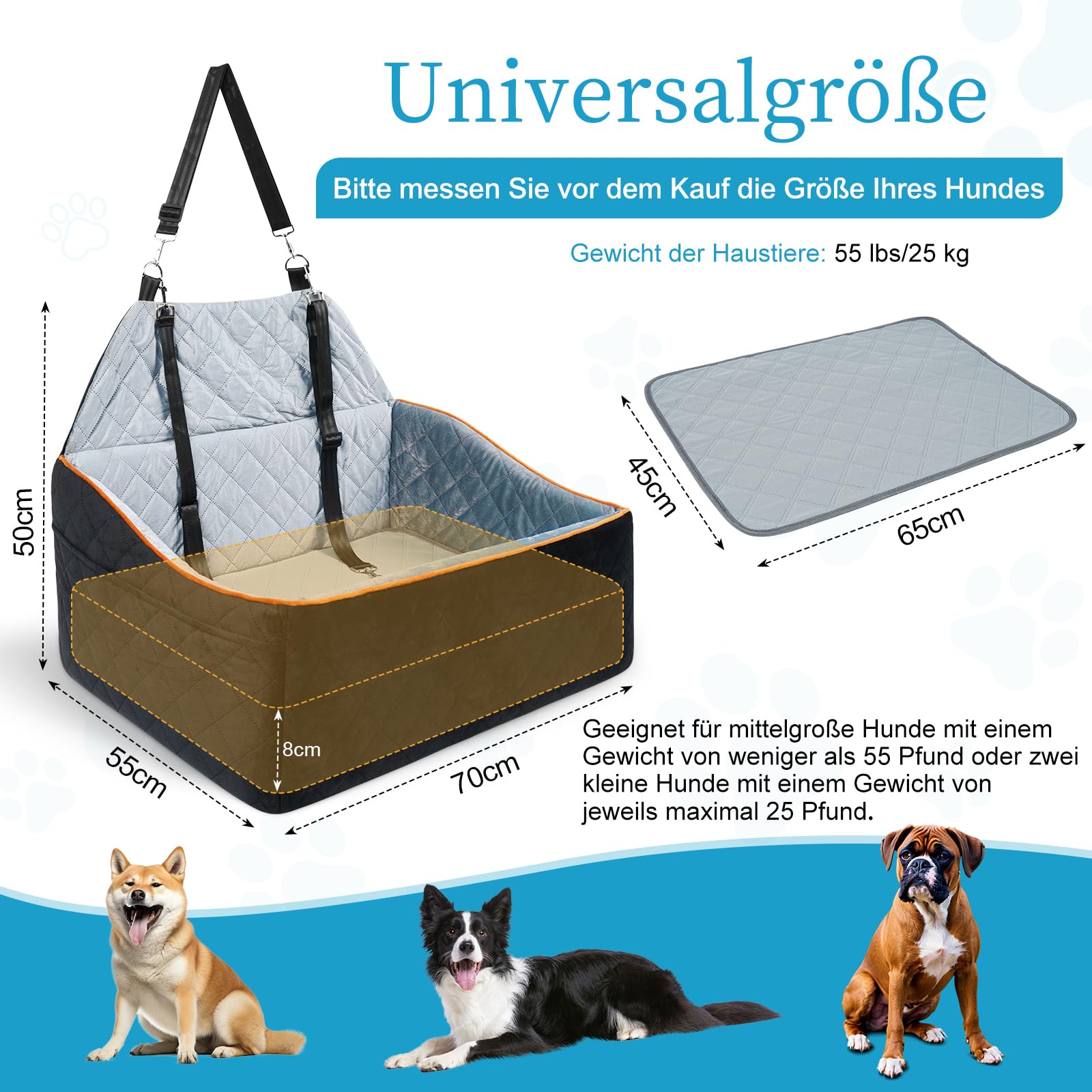 Asiento Perro Coche para Perros Medianos hasta 25 kg - Asiento Coche Perro Desmontable y Lavable con Base Antideslizante para Asiento Trasero