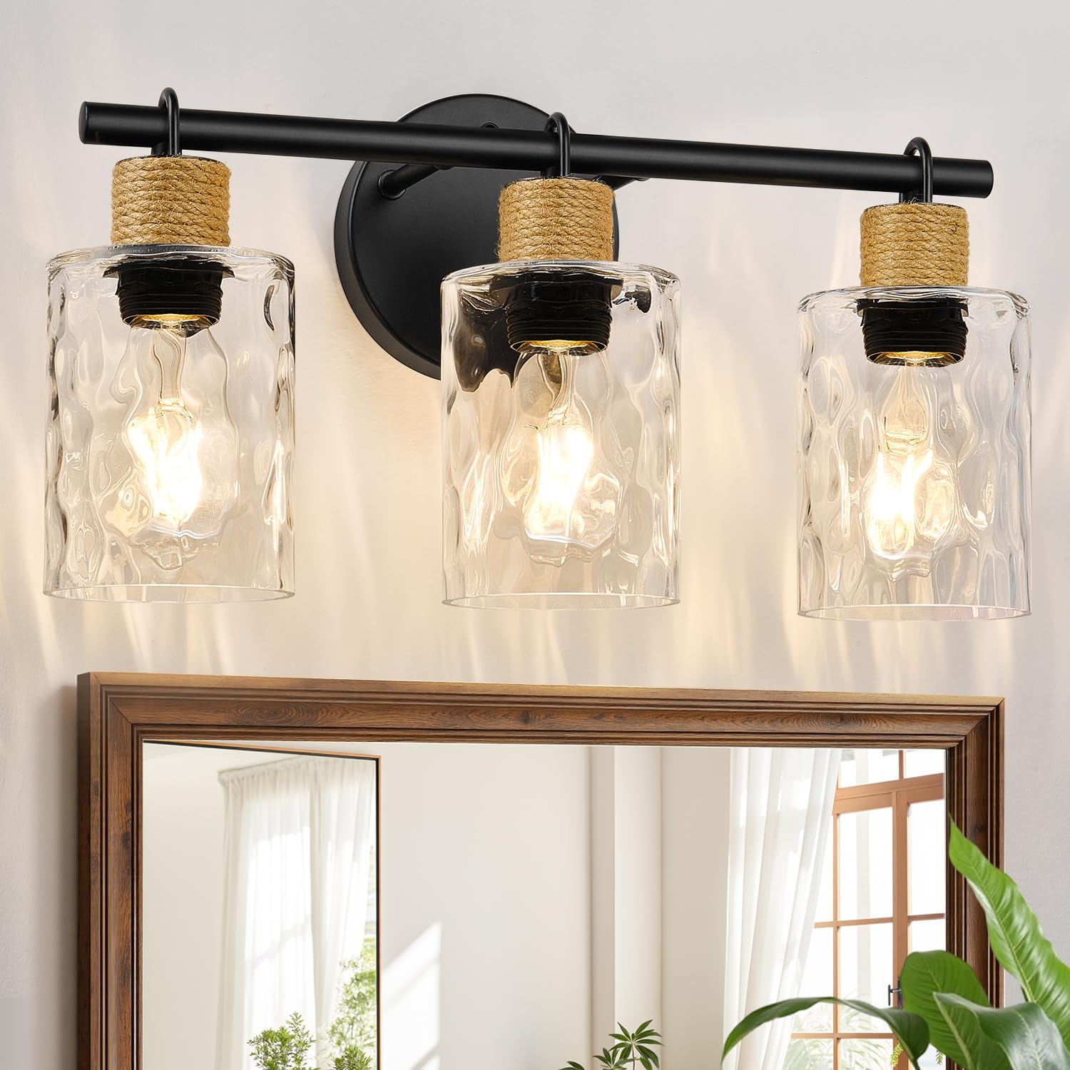 Bathroom Light Fixtures 3-Light Coastal Vanity Lights with Crystal Glass Shade Black Bathroom Wall Lamp for Mirror Kitchen
