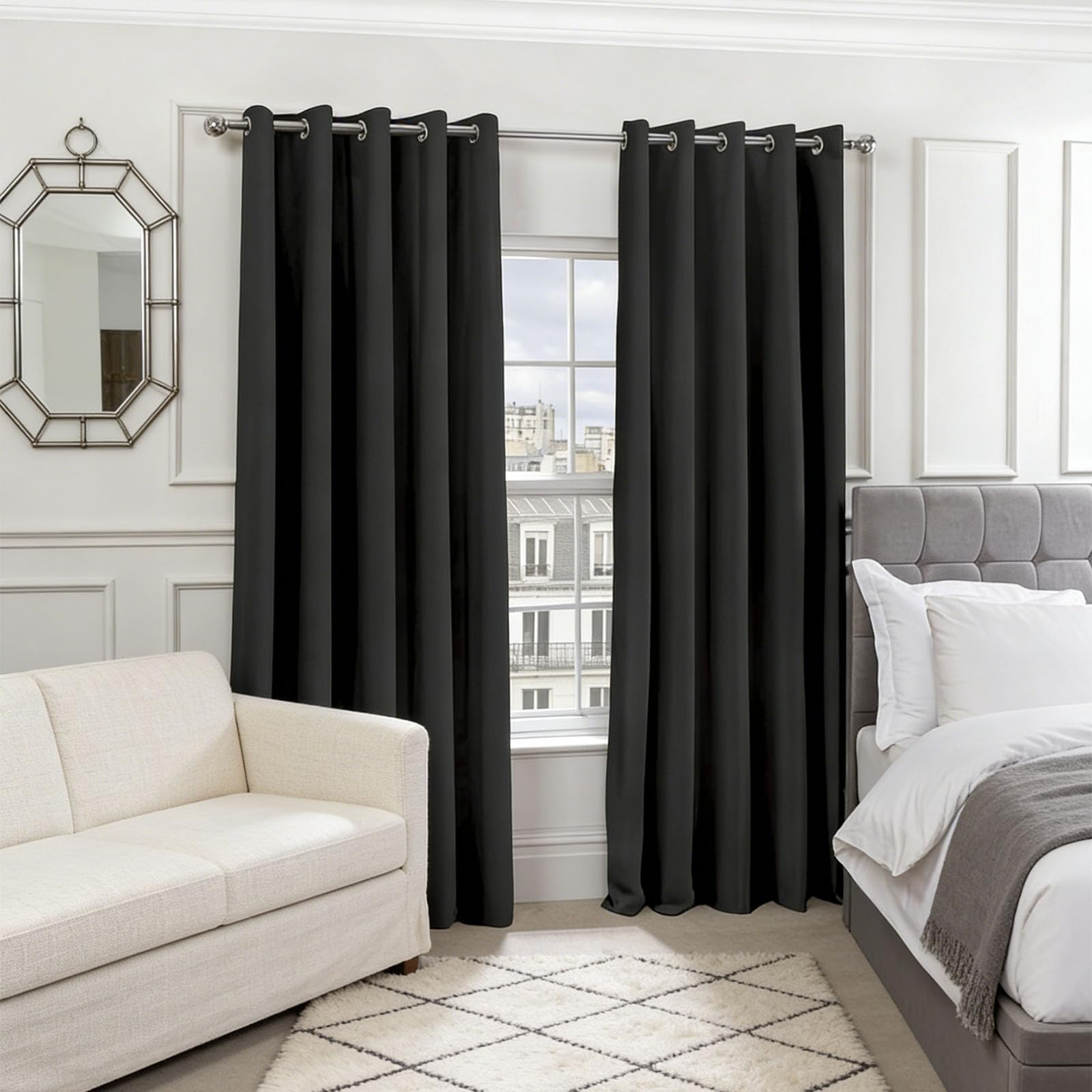 Rideau occultant 115x235 cm noir à oeillets pour salon et porte-fenêtre