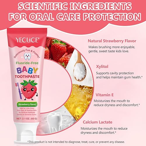 Miniatura 4 de Pasta de dientes para niños, sabor a fresa, pasta de dientes tragada con xilitol y vitamina E, combate la placa, diseñada para niños, 2.1 onzas