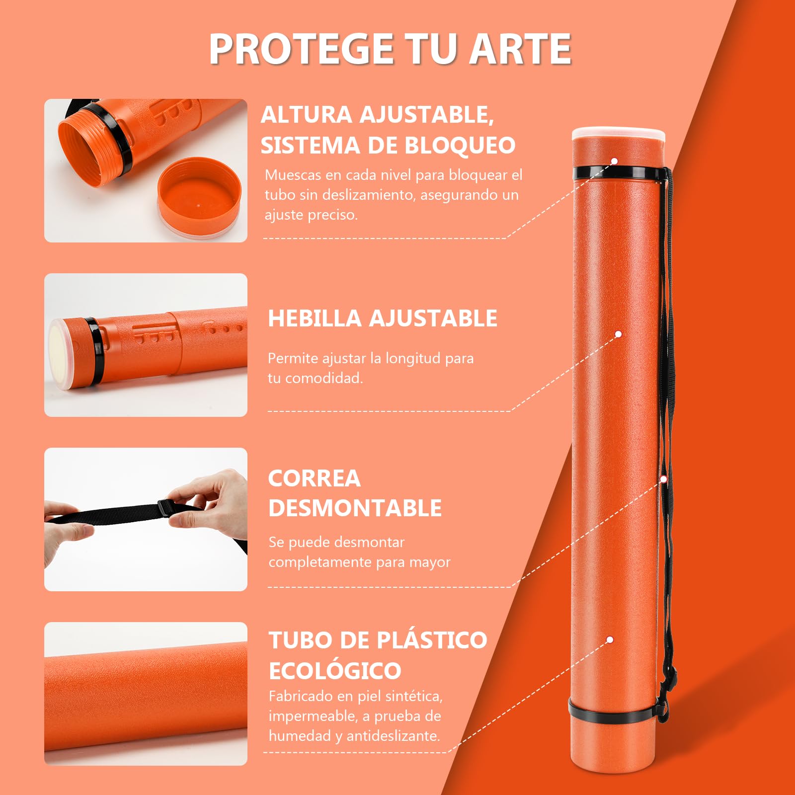DEWEL Tubes Transport a0, Tube Poster, 63-107 cm, tubo de dibujo de transporte adecuado para fotos, carteles y flipbooks, longitud y asa ajustables, de plástico. (naranja)