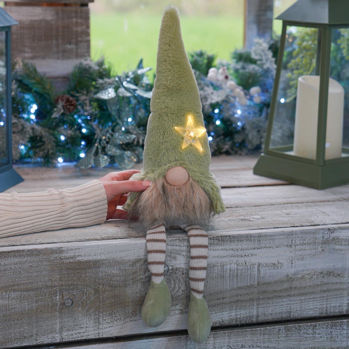 Festive Lights - 39cm Green Dangle Legs Gonk Christmas Decoration Battery Powered White LED Lit Star