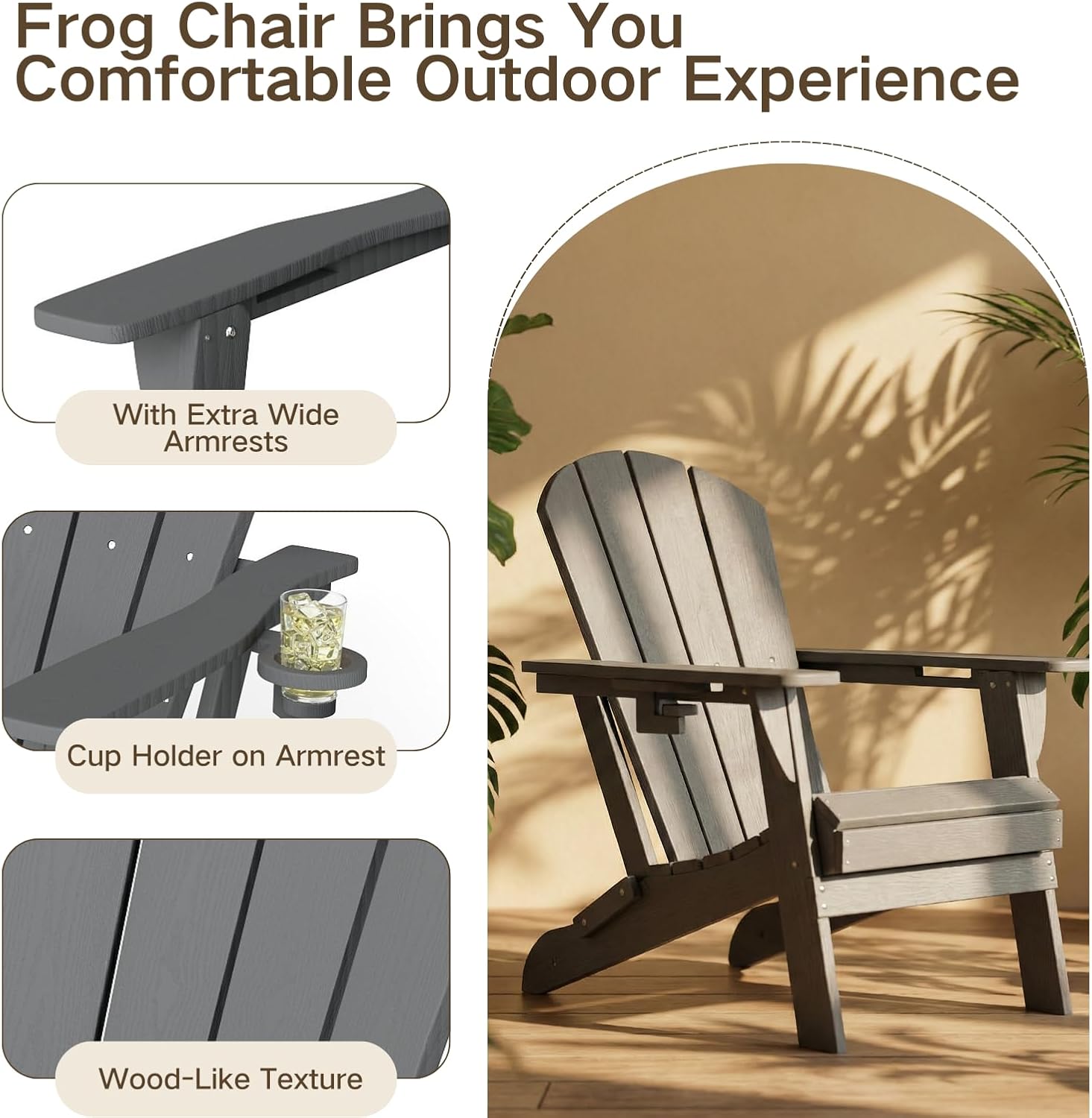 Kingdura Folding Adirondack Chairs Set of 2, Portable HDPE All Weather Resistant Outdoor Patio Chair, Wooden Textured with Cup Holder, 380LBS Capacity for Poolside, Backyard, Fire Pit (Grey)