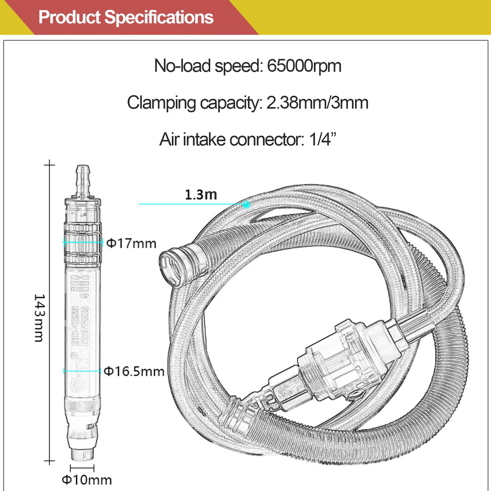 Szlifierka pneumatyczna 65000 obr./min, ręczne narzędzie pneumatyczne z głowicą szlifierską 2,38/3 mm, złącze wlotu powietrza 1/10.2 cm, silny moment obrotowy, do grawerowania znaków na