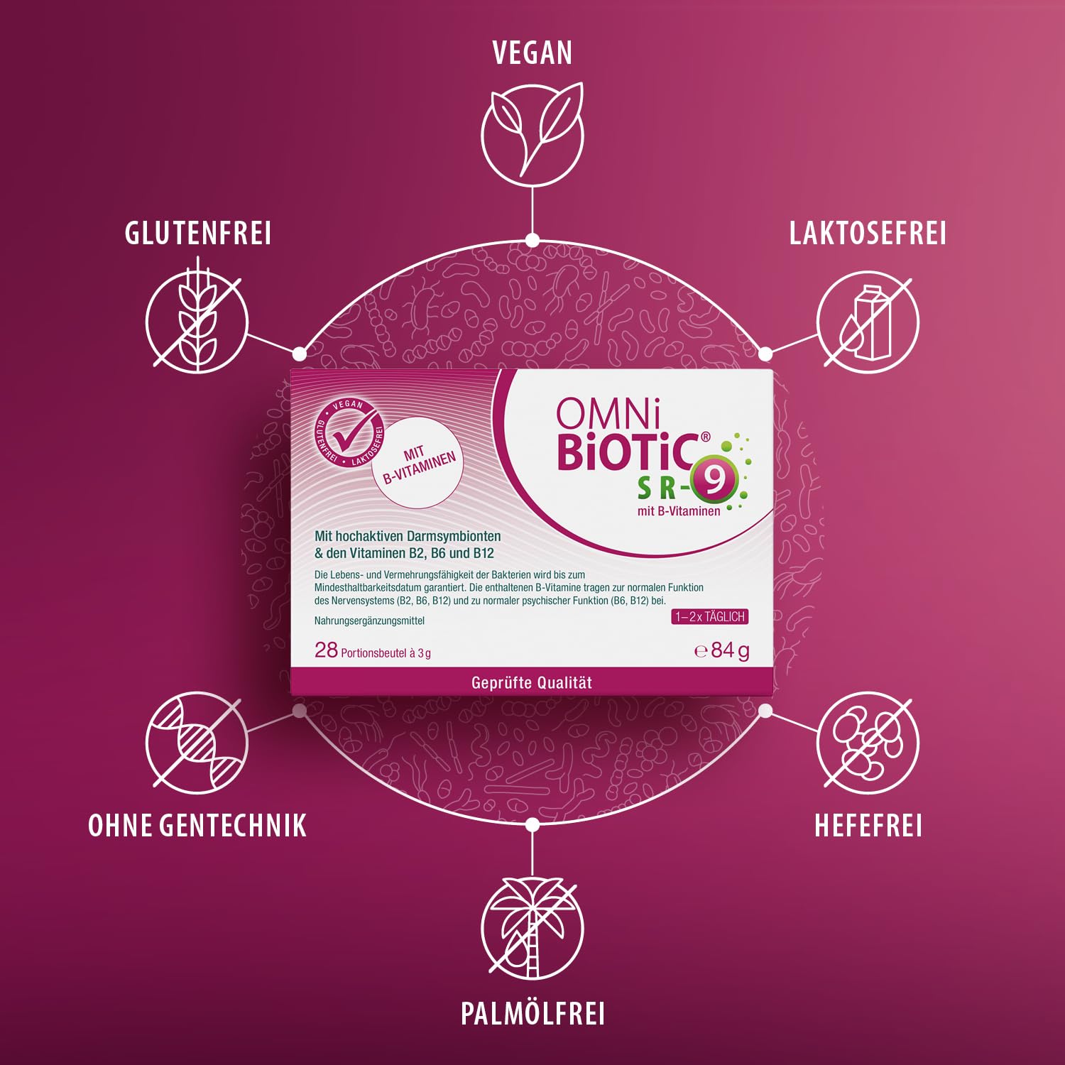 OMNi BiOTiC SR-9 mit B-Vitaminen | 28 Portionen (84g) | 9 Bakterienstämme | 15 Mrd. Keime pro Tagesdosis | Pulver| Vegan | Glutenfrei | Lactosefrei | Zur täglichen Anwendung