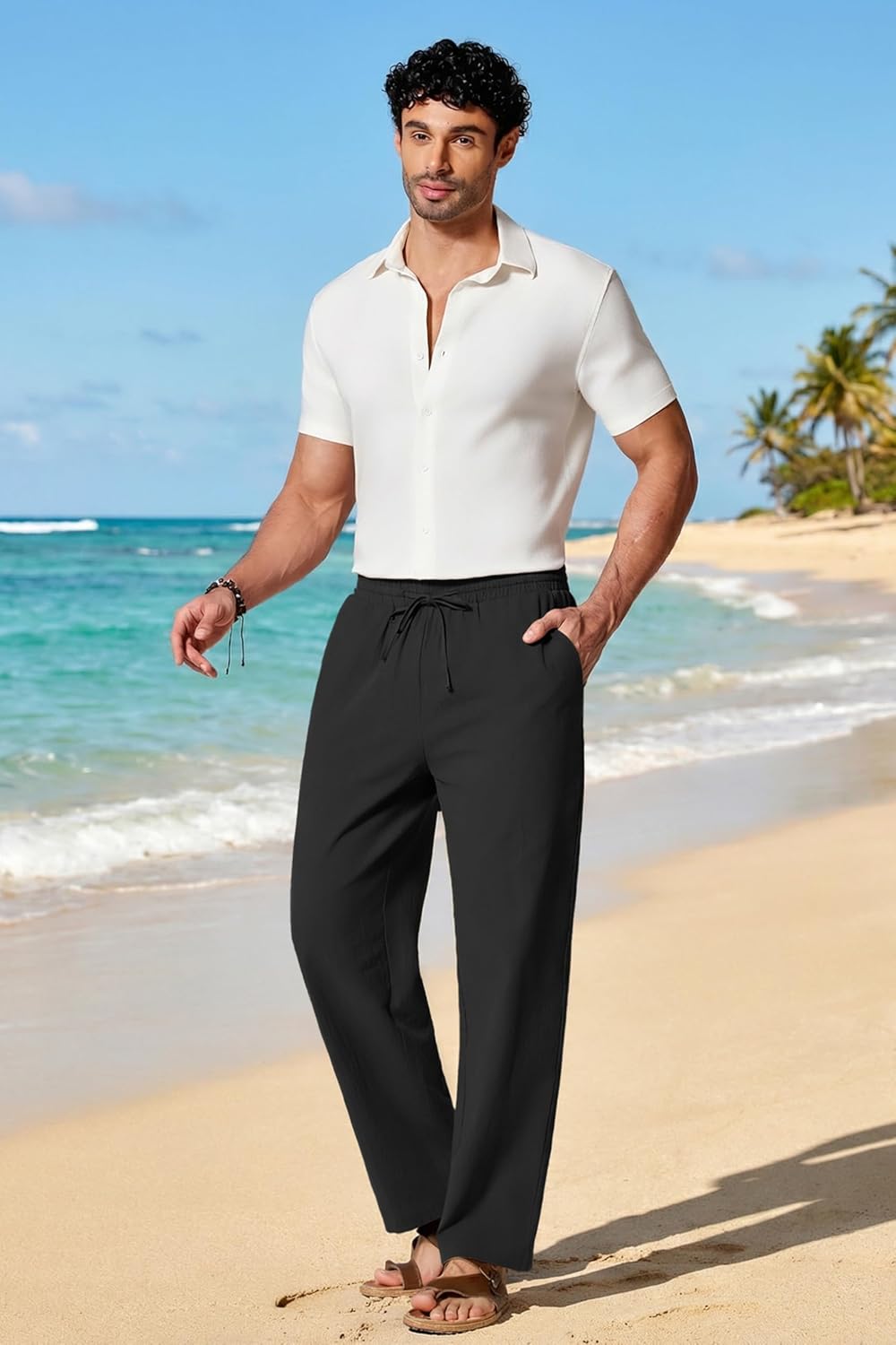 COOFANDY Men's Cotton Linen Pants Elastic Waist Drawstring Summer Beach Trousers Casual Yoga Pant - Image 3