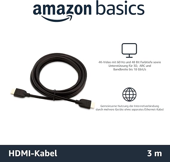 Amazon Basics 4K HDMI Cable 3m 18Gbps High Speed with Ethernet 4K@60Hz 2160p Black