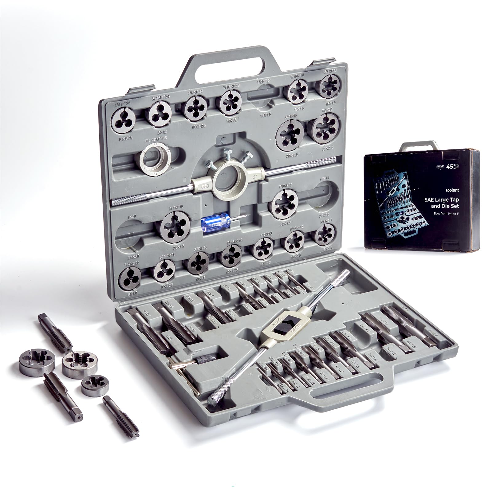 toolant 45pcs SAE Tap and Die Set, 1/4"-1" Large Threading Set with Round Dies for Cutting and Rethreading Internal and External Threads