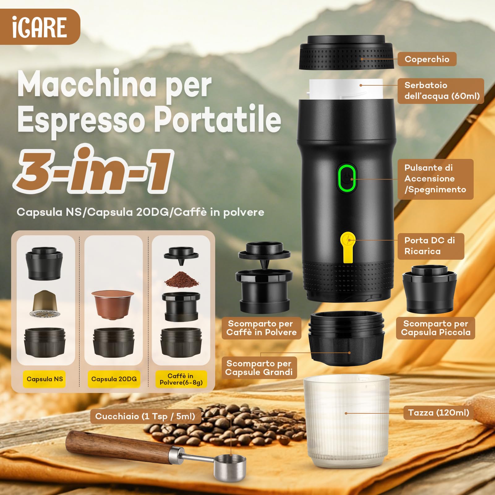 ICARE Macchina Caffe Portatile, Caffettiera Portatile 3-in-1, 20BAR, 92°C Estrazione, 7500mAh, Ricarica USB/12V Auto, Macchina Caffè Espresso per Capsule e Caffè Macinato (Nero)