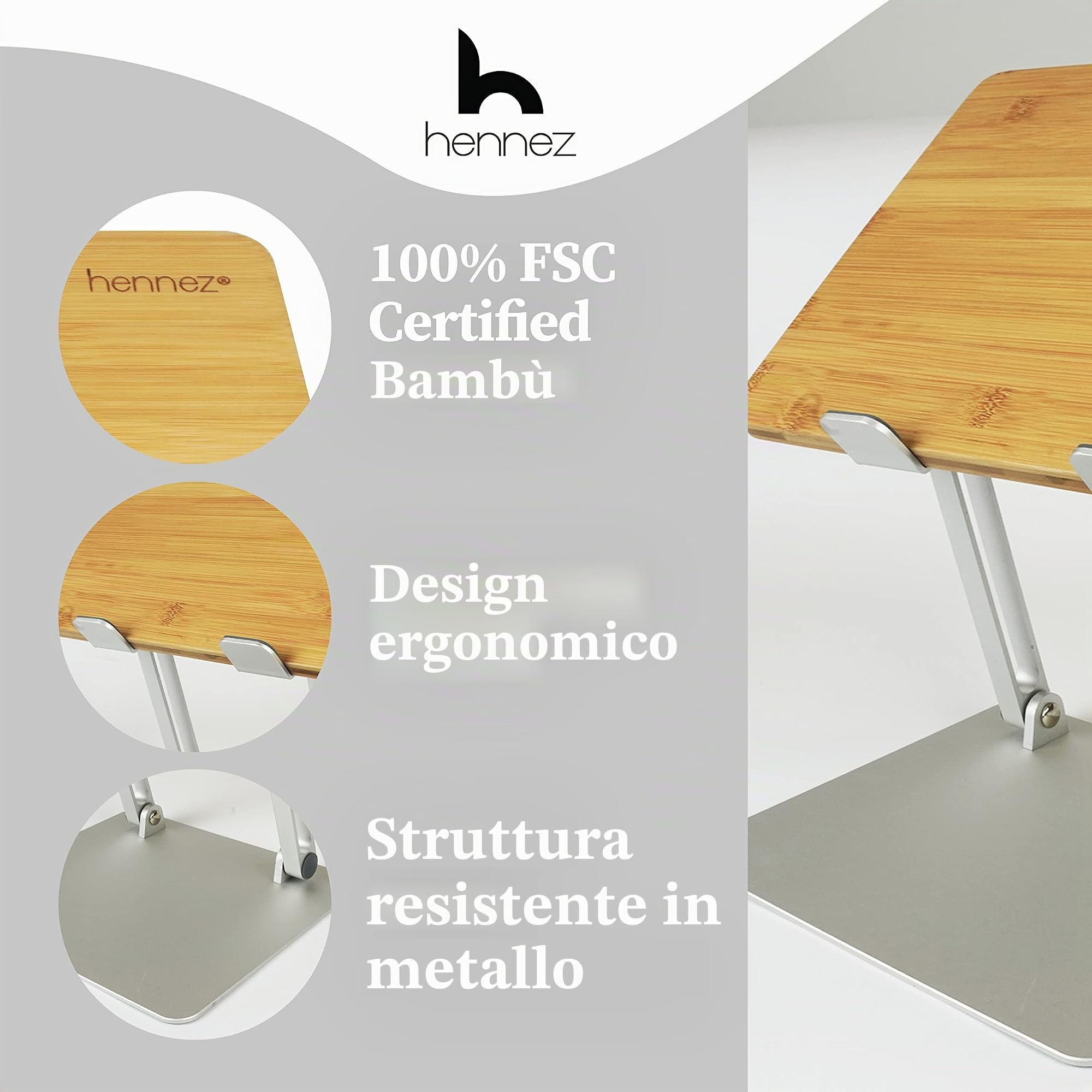 HENNEZ Supporto per computer portatile in legno, regolabile in altezza, supporto per notebook/MacBook