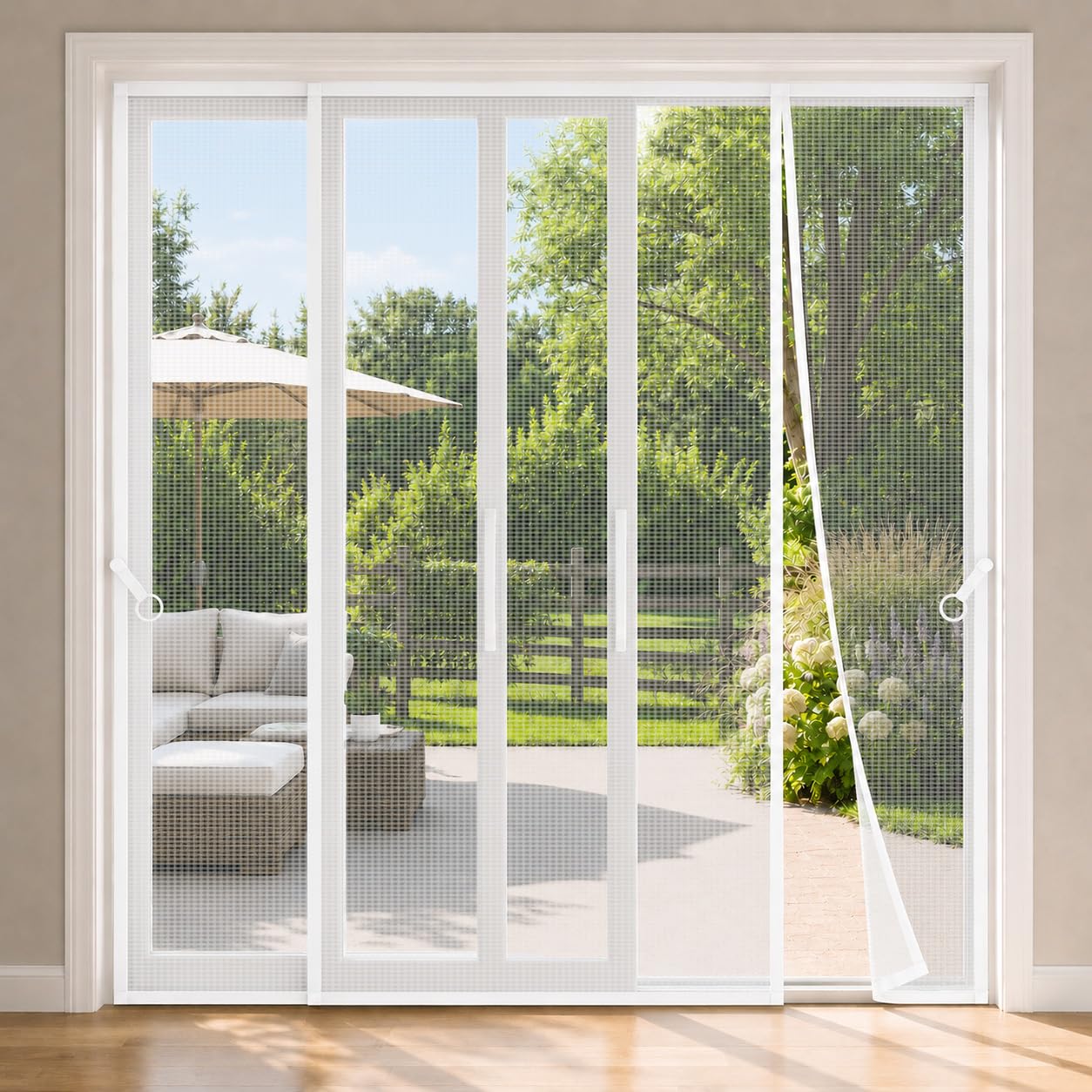 Fly Screen for Bifold Doors White 220x220cm Reinforced Fibreglass Door Curtain with Fine Mesh and Full Frame Attachment Designed for Airflow Without Open Door Gaps Conservatory Doors