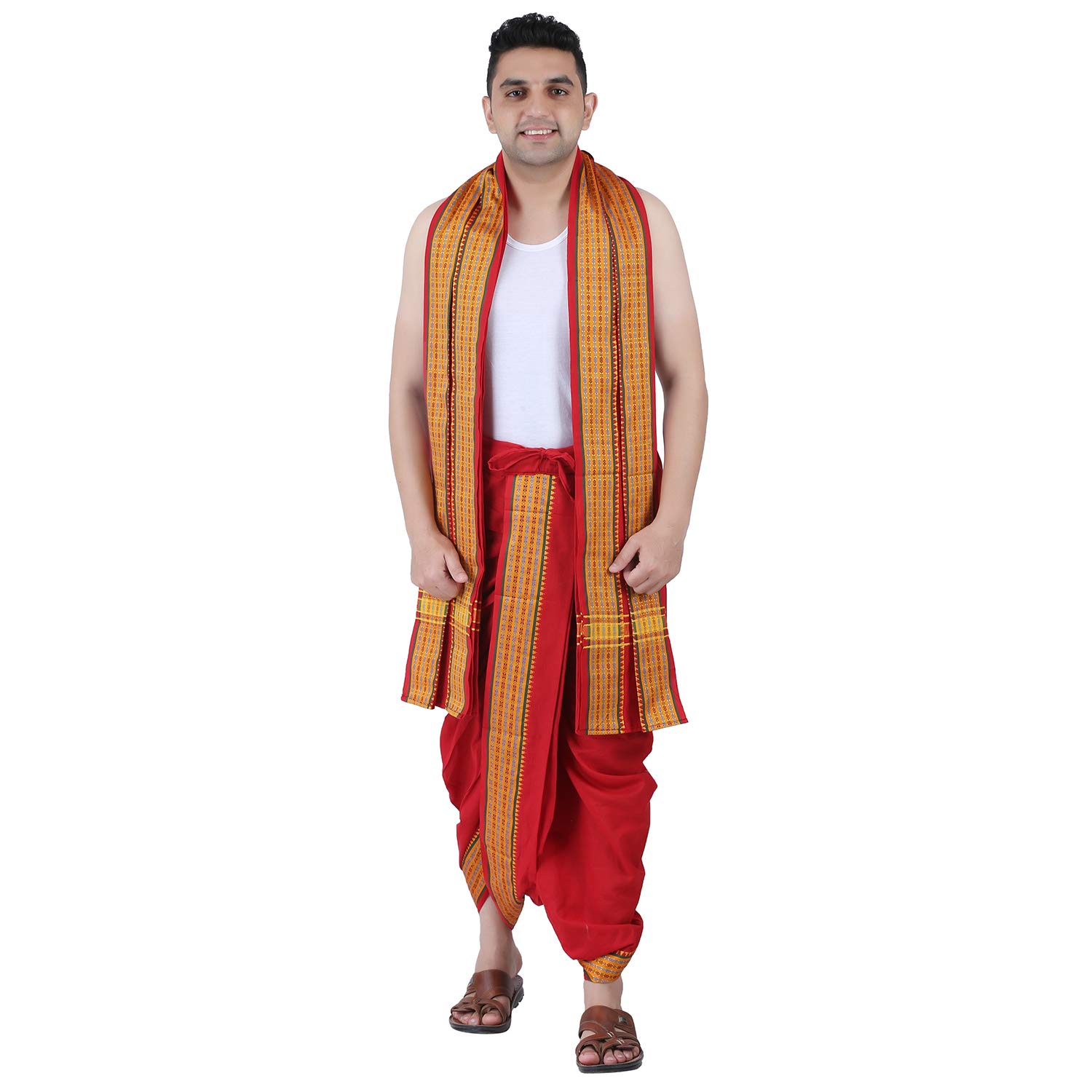 Prakasam Cotton Men's Panchakachamready Made (Ready To Wear) Dhoti Towel Set With Pocket- Free Size (Red)