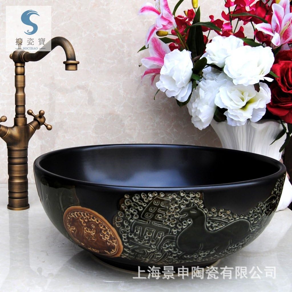 Bathroom Vessel Sink Art Wash Basin,Ceramic Art Porcelain Pedestal Burn