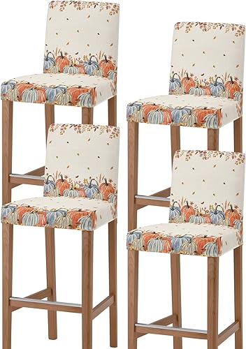 Miniatura 1 de Juego de 4 fundas elásticas para sillas de comedor con diseño de calabazas anaranjadas y azules y verde azuladas, fundas protectoras extraíbles para
