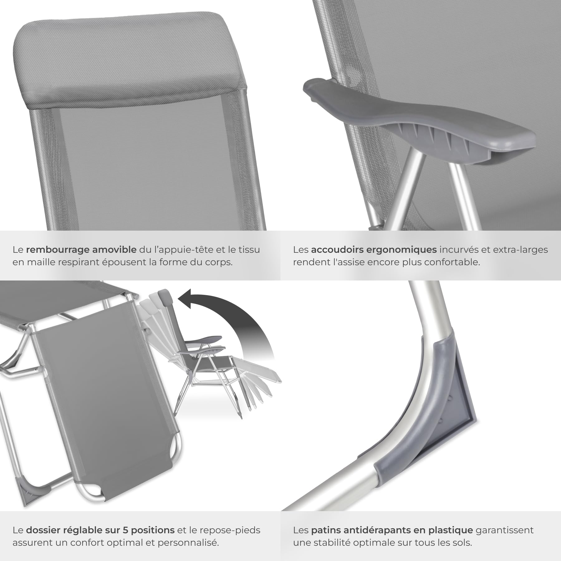 tectake® Lot de 2 Fauteuil de Jardin Chaise Longue Pliable avec Repose Pieds Accoudoirs, Appuie-tête Amovible Salon de Jardin Exterieur, Structure en Aluminium, Dossier Inclinable
