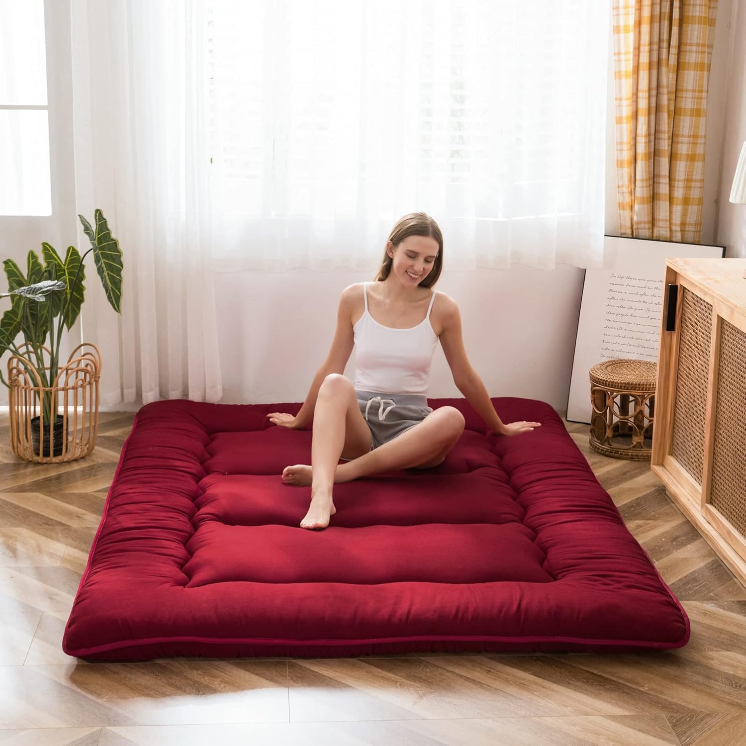 Photo 1 of **PET HAIR ON FUTON MATRESS**MAXYOYO Japanese Floor Mattress Futon Mattress, Thicken Sleeping Pad Foldable Roll Up Floor Futon for Adults Tatami Mat Dormitory Lounger, Burgundy, Full Size