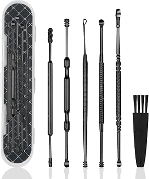Hion 6 Pcs Ear Wax Removal Kit,Professional Double-Headed Ear Pick Earwax Removal Tools,316L Stainless Steel Ear Cleaner Curette with Cleaning Brush and Storage Box,Suit for Kid AdultBlack
