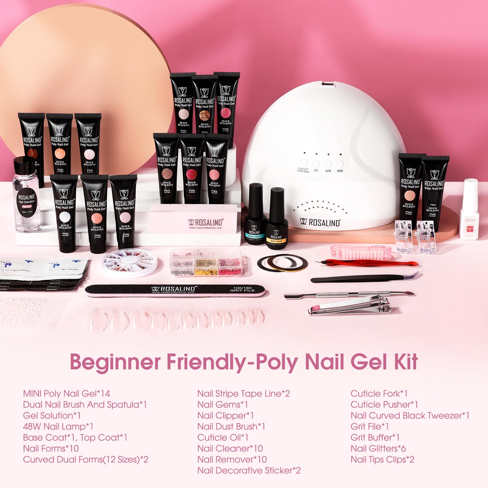 ROSALIND Poly Nail Gel Kit-14 Colors Clear Nude Poly Nail Gel Kit with 48W U V Nail Lamp Base and Top Coat Slip Solution for Glitter Pink Extension Starter Kit