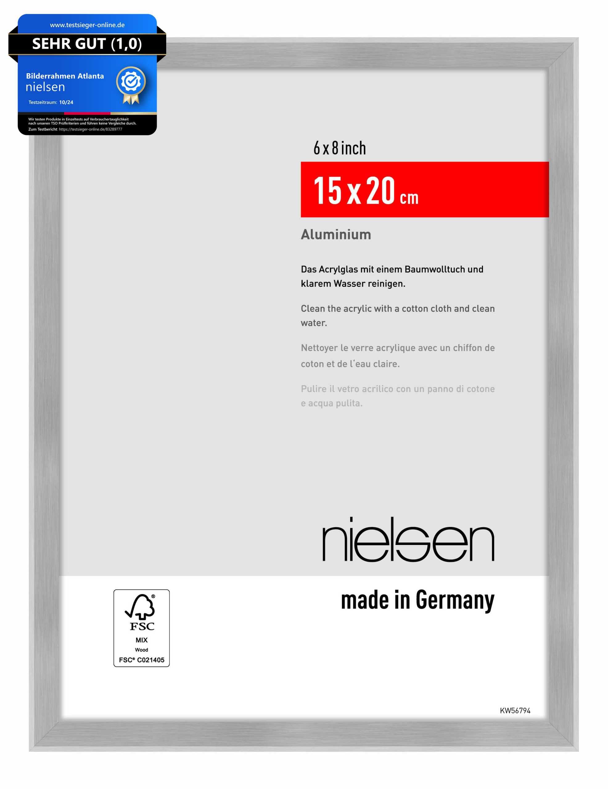 Nielsen Brushed Frosted Silver Atlanta Aluminium Picture Frame - Brushed Silver 15X20cm - With Synthetic Glass And Push-Turn Clips