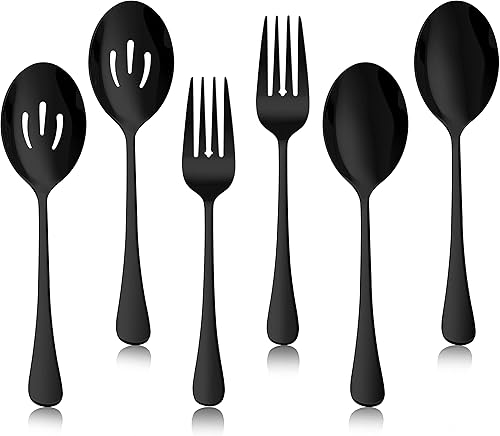Miniatura 1 de Herogo Juego de utensilios de servir de acero inoxidable negro de 6 piezas, incluye cucharas de servir, cucharas de servir ranuradas, tenedores de