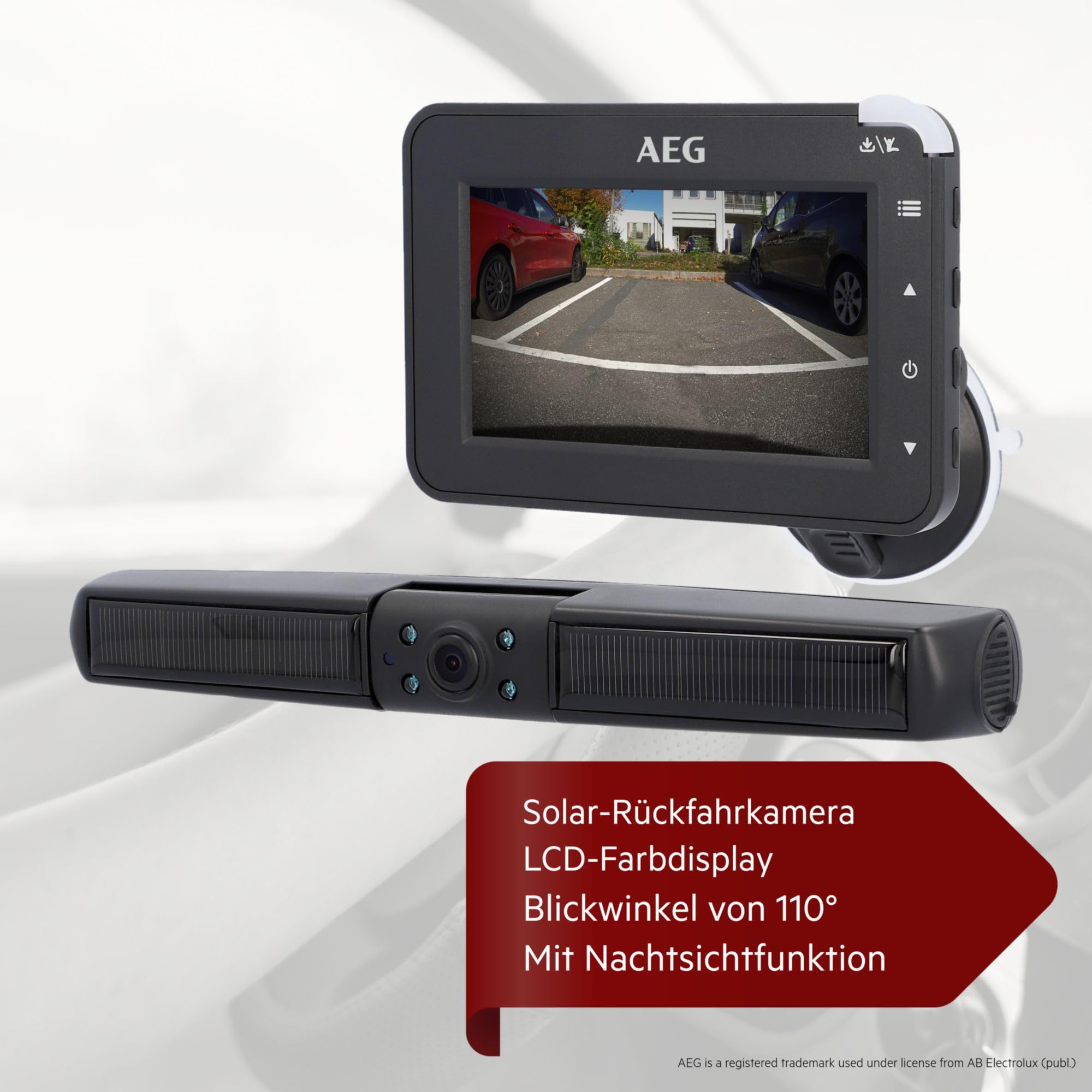 AEG Automotive - Telecamera di retromarcia a energia solare per camper 4.3 wireless digitale con trasmettitore radio LCD doppio schermo LCD impermeabile visione notturna