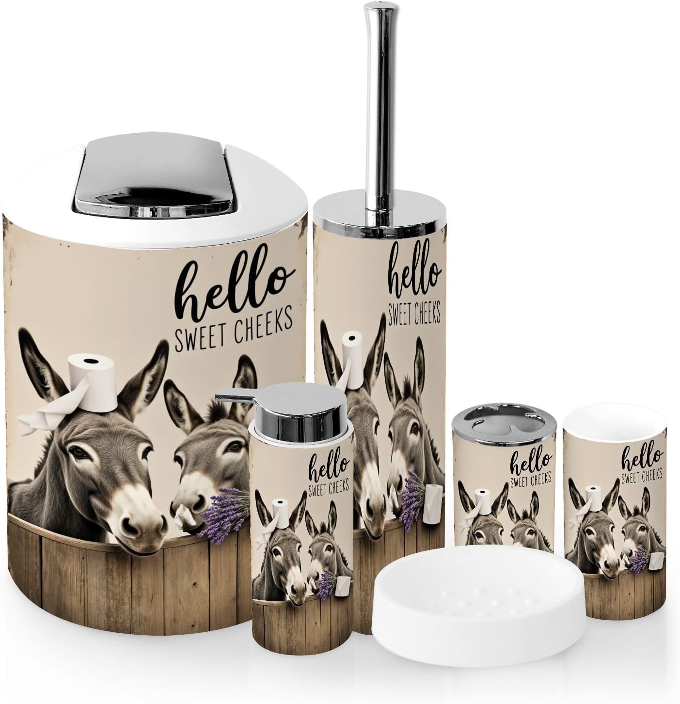 Bathroom Accessory Set 6 Piece Funny Farmhouse Toilet Rustic Animals Two Donkeys Leaning Wooden Trash can, Toothbrush Holder, Toothbrush Cup, Soap Dispenser, Soap Dish, Toilet Brush Holder