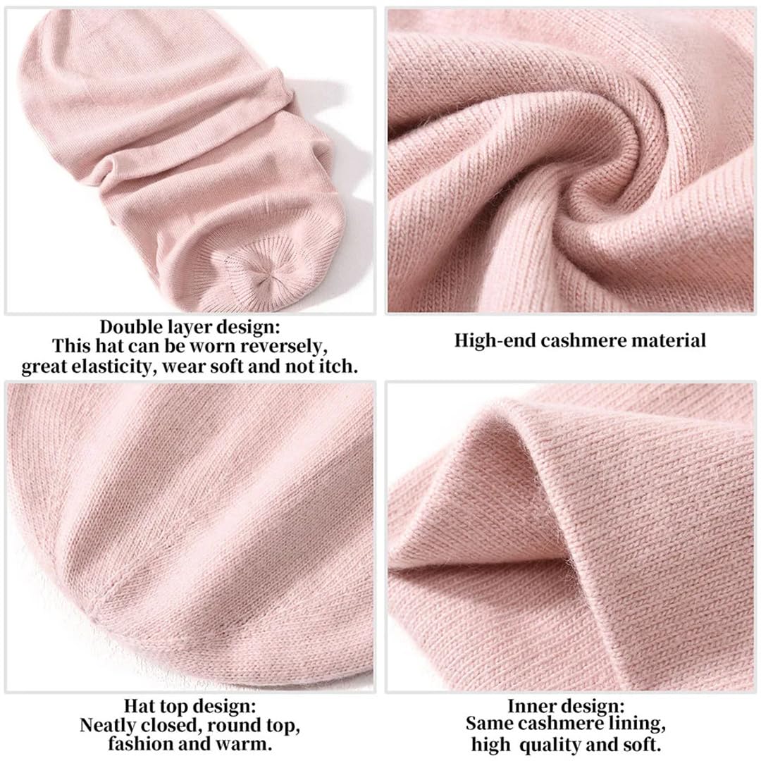 Gorro De Lana Para Mujer, Gorro De Invierno Informal Liso De Doble Capa, Cálido, Gorro De Cachemira