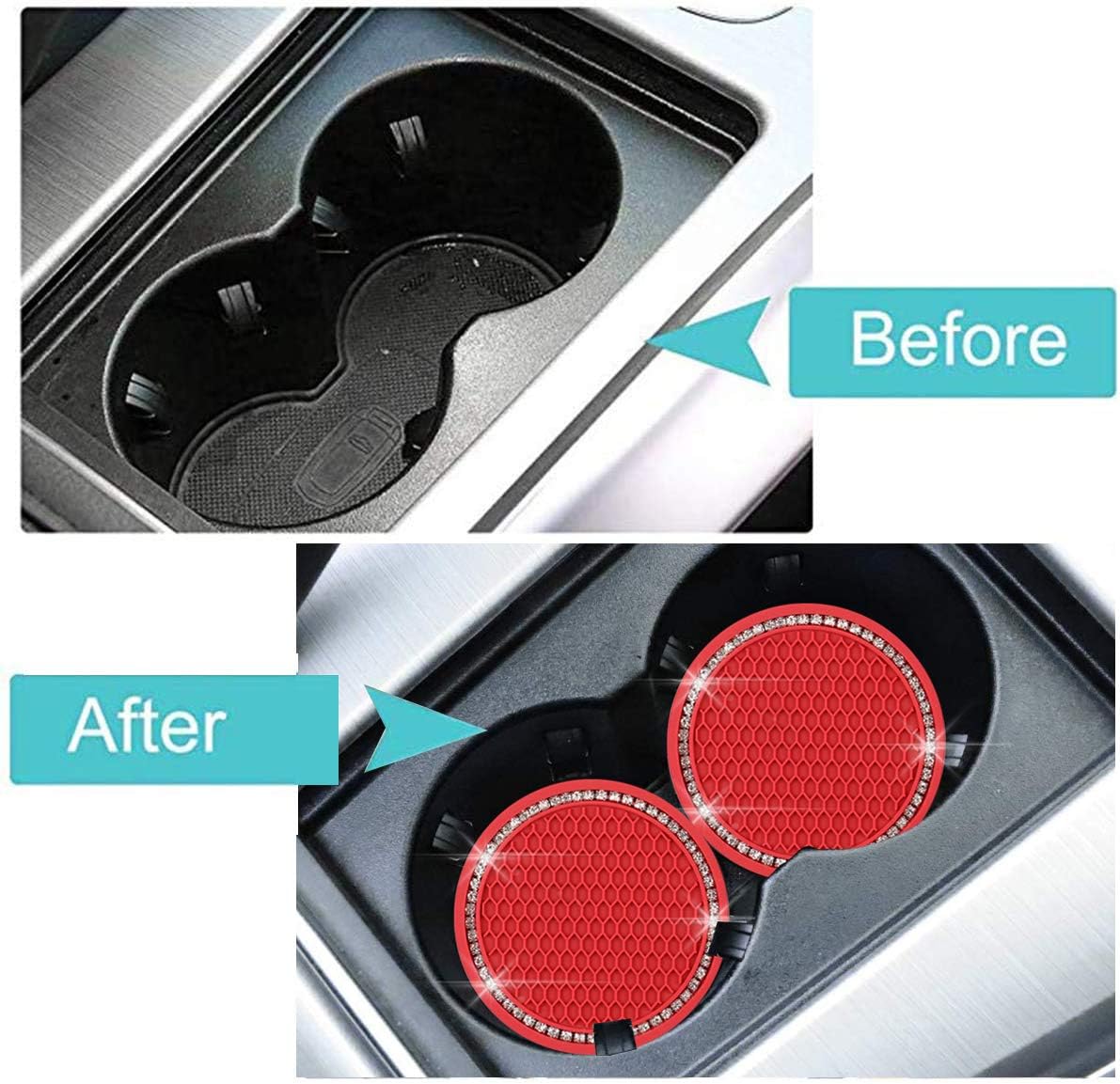 SUNACCL Universal Vehicle Bling Travel Auto Cup Holder Insert Coasters Crystal Rhinestone Car Interior Accessories Durable Anti Slip Silicone Car Coasters (Pack of 2) (Red)