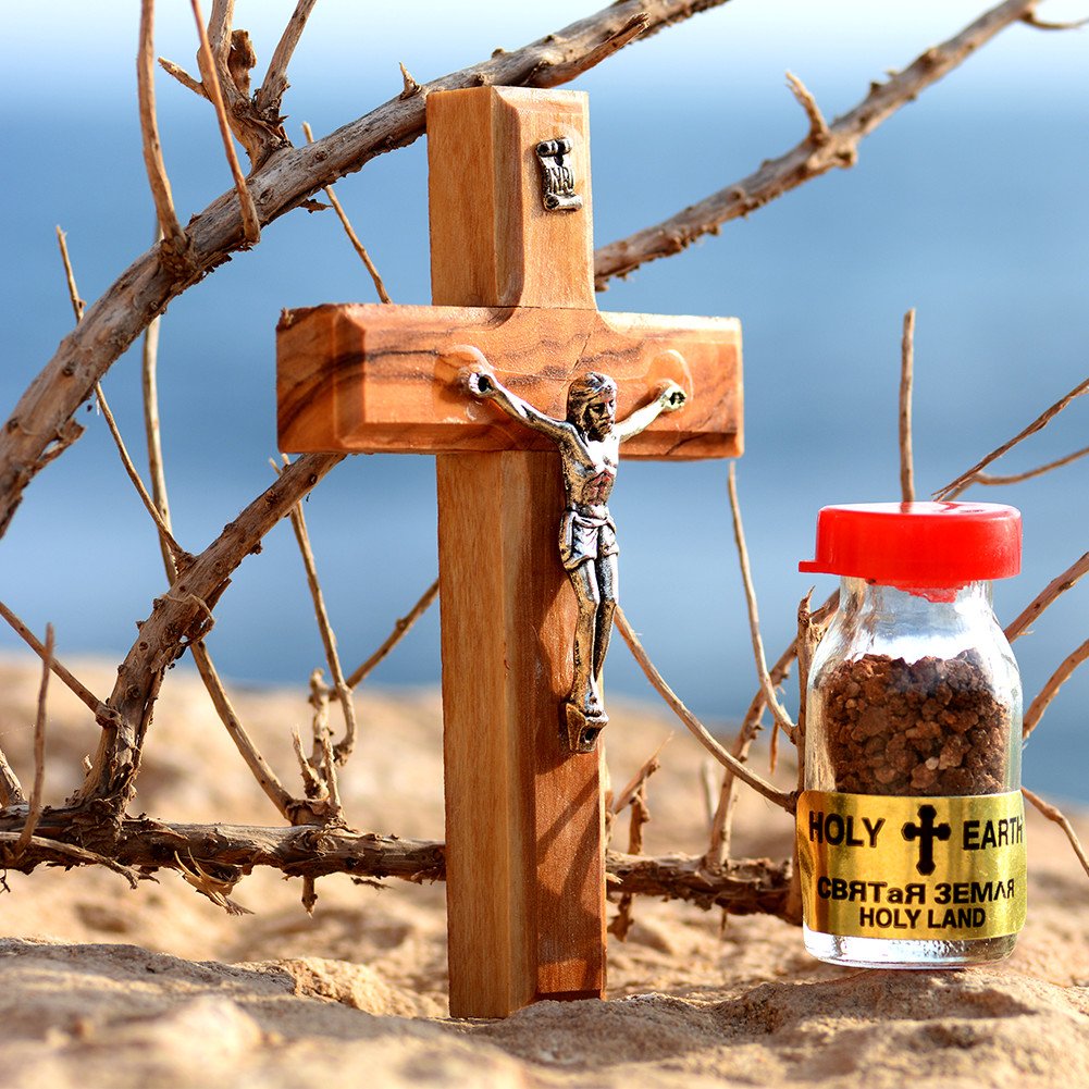 Crucifijo de madera artesanal de Jerusalén con aceite bendecido