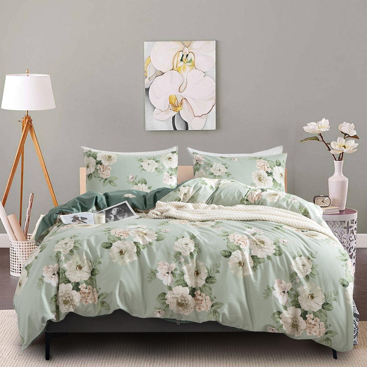 Housse de couette 220x240 vert pivoine en microfibre supérieure 110g pour un lit d'adulte