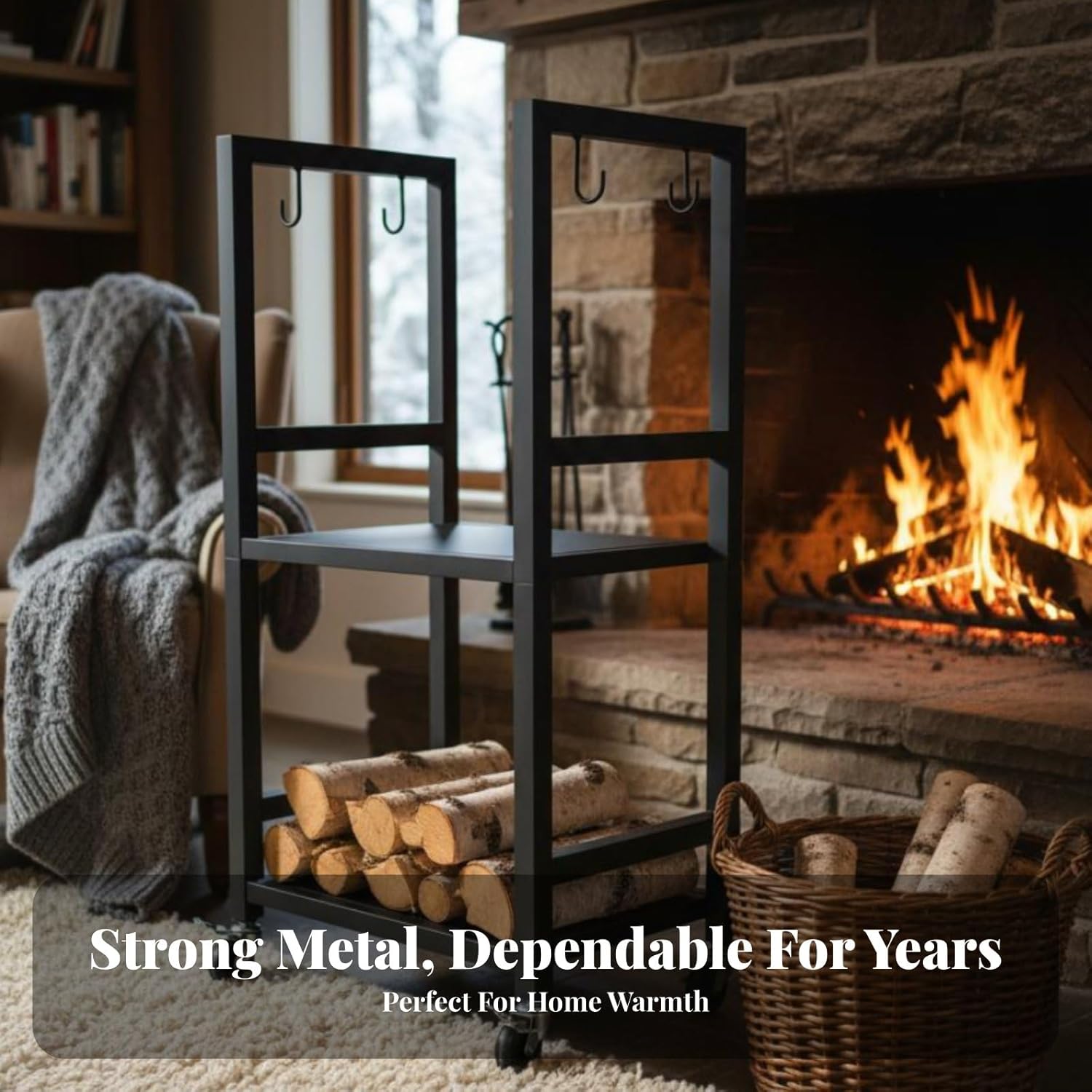 HouseVibe Fireplace Tool Set with Movable Firewood Rack, 5-Piece Metal Storage Frame (40x30x75cm/15.7x11.8x29.5in)