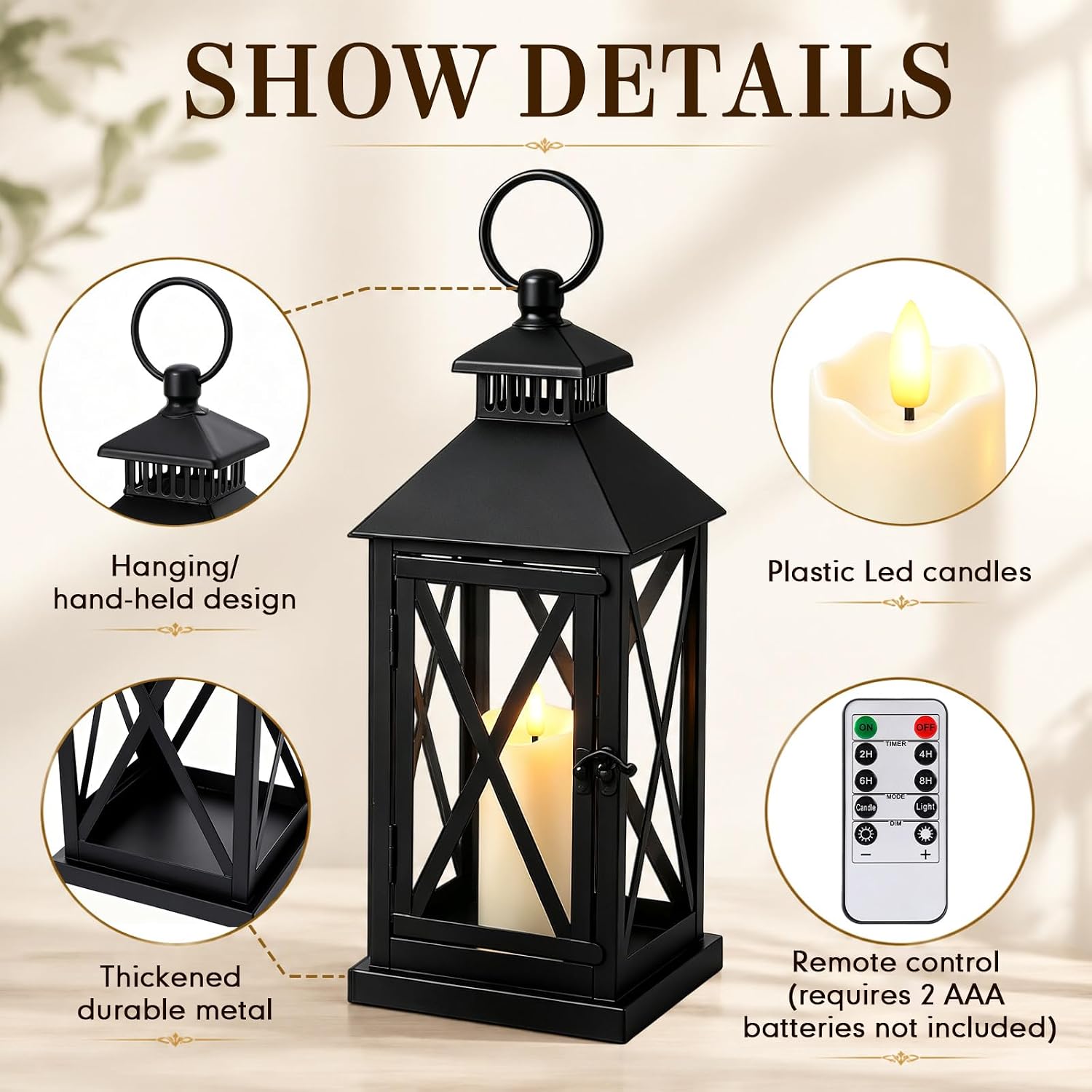 Retisee Outdoor Decorative Candle Lantern, Black, 20.5" 14" 9.3", Stylish