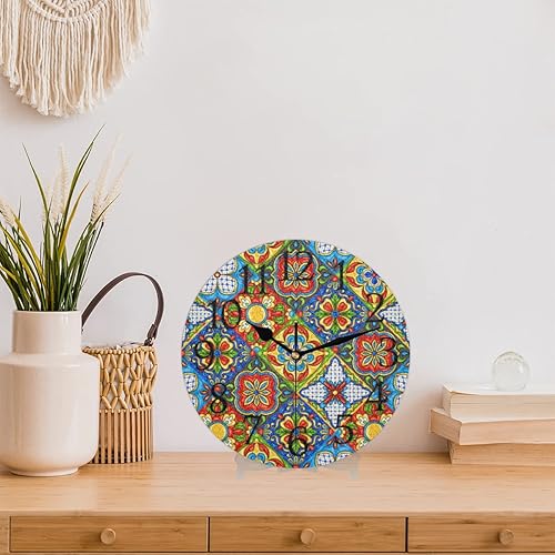 Miniatura 3 de Reloj de pared con azulejos de cerámica mexicana, silencioso, sin tictac, mandala de flores, reloj de pared redondo, funciona con pilas, decoración