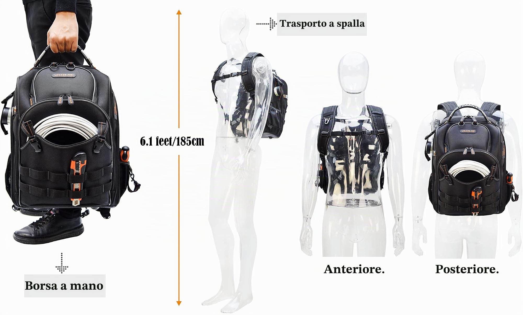 WELKINLAND Zaino Professionale per Elettricisti con 66 Tasche, Resistente da Cantiere per Attrezzi